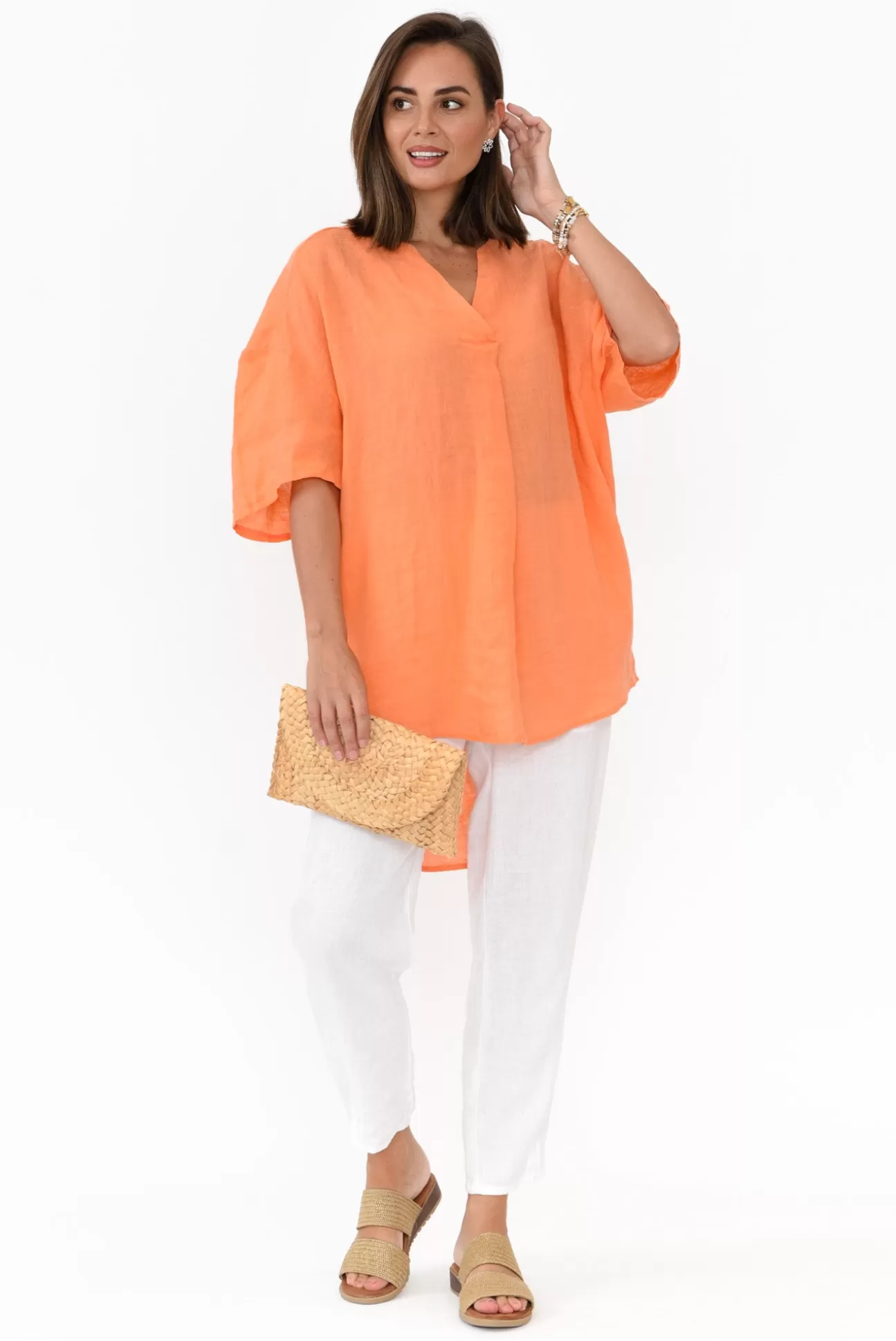 Cali and Co Holland Orange Linen V Neck Tunic Clearance