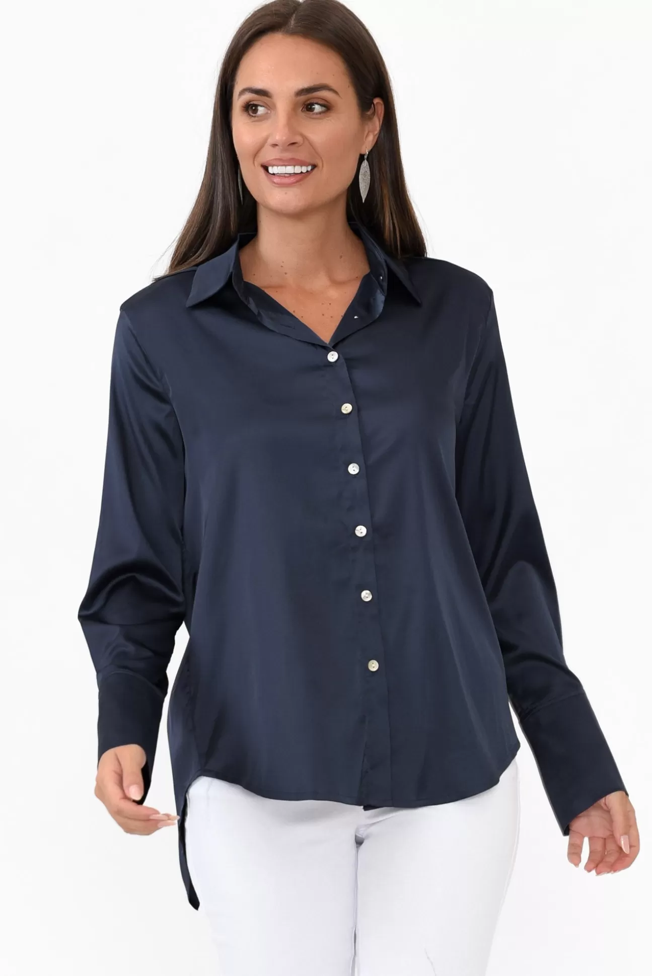 365 Days Honor Navy Satin Shirt Fashion