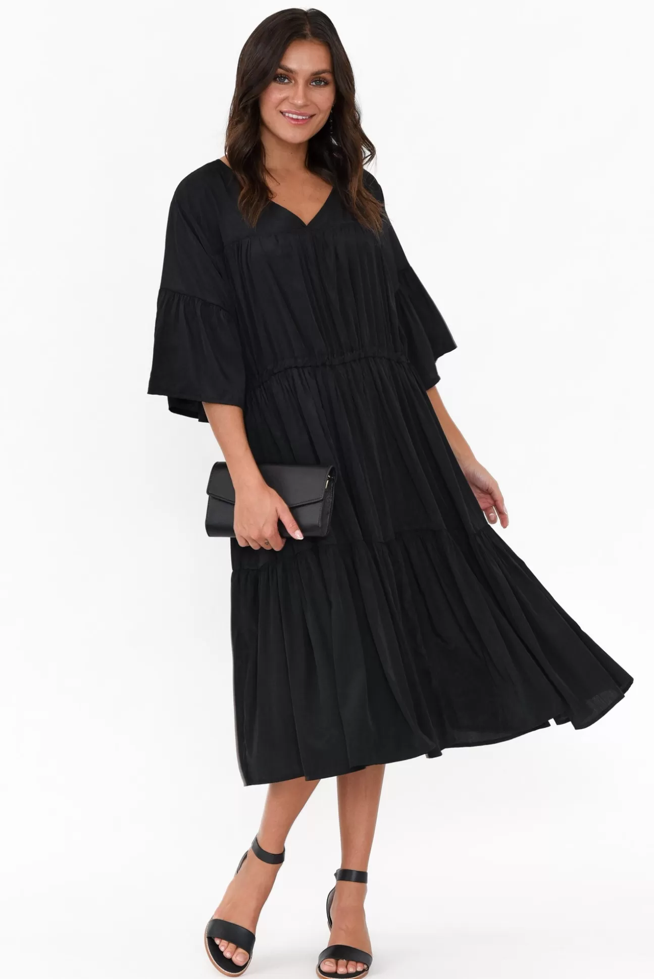 Worthier Hope Black Tiered Midi Dress Online