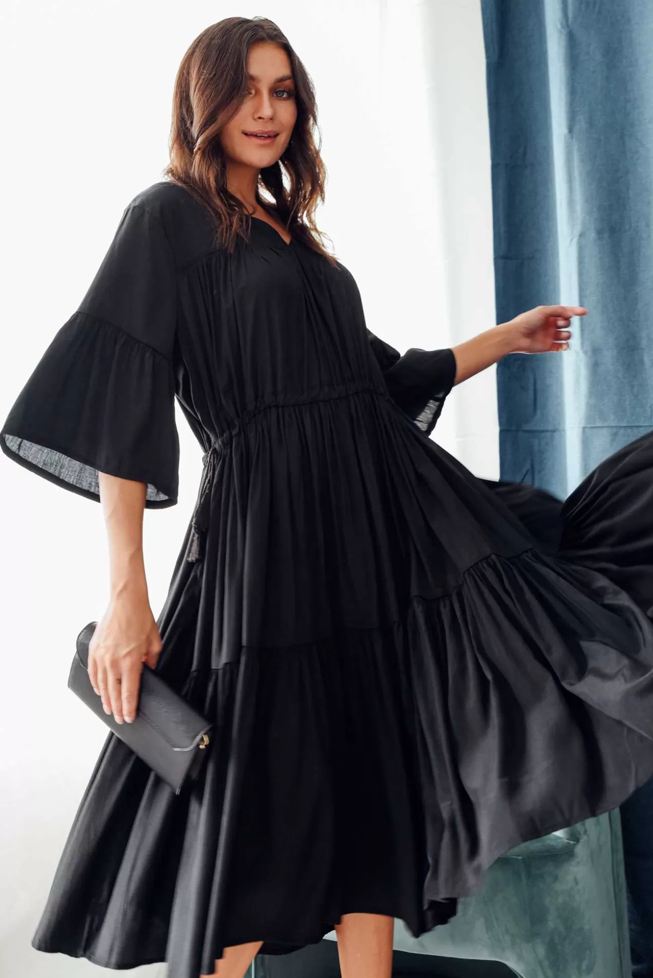 Worthier Hope Black Tiered Midi Dress Online