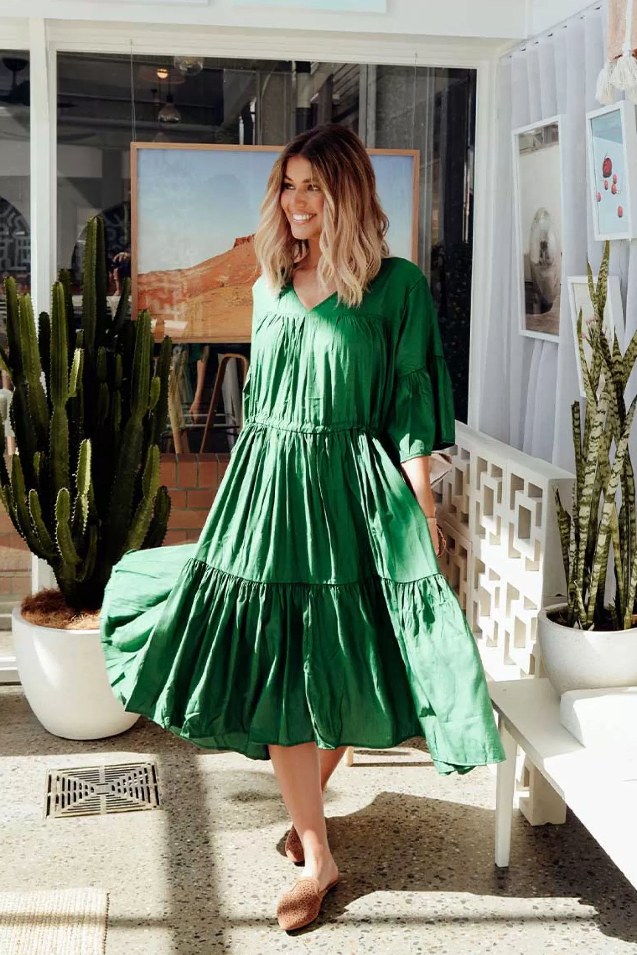 Worthier Hope Green Tiered Midi Dress Online