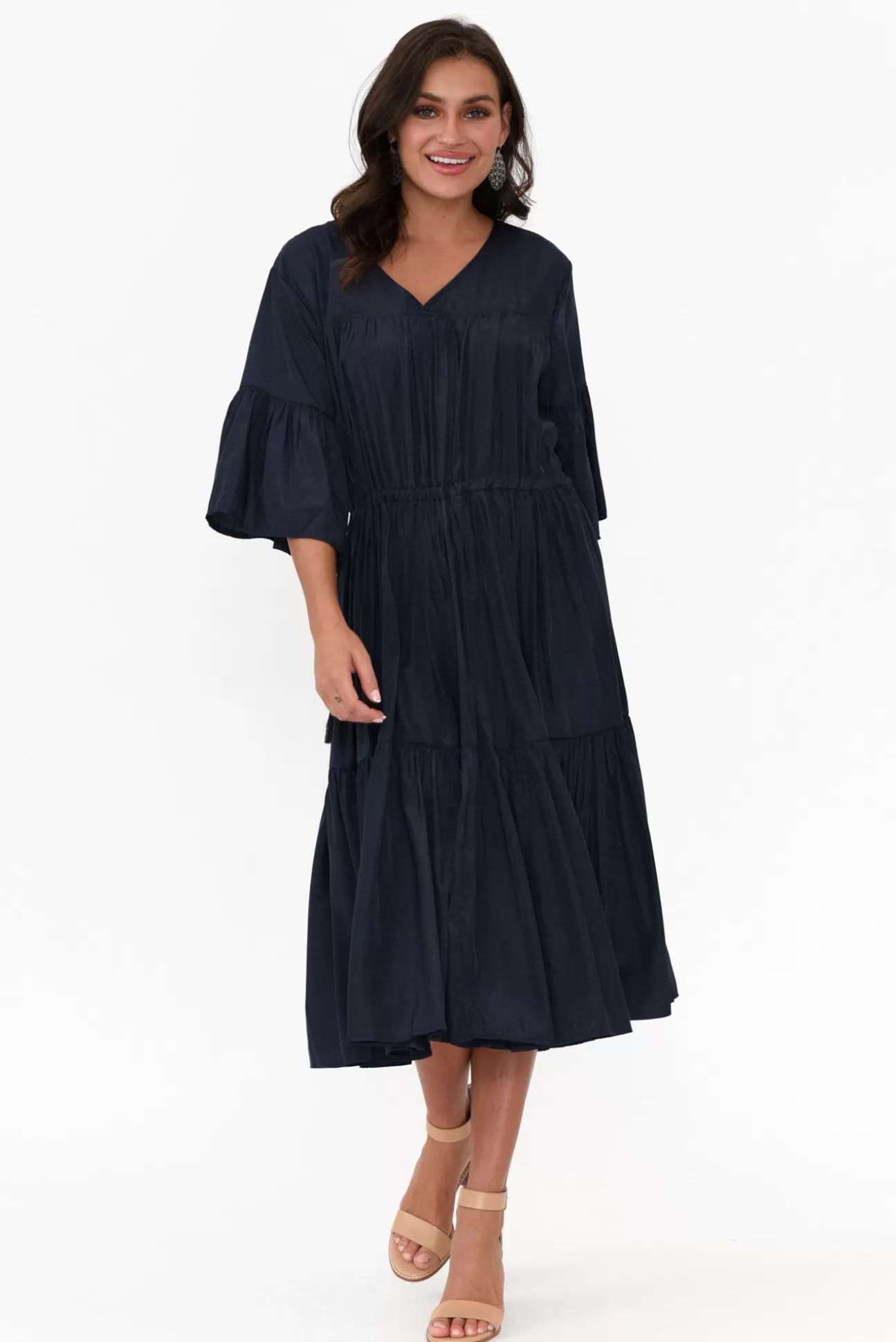 Worthier Hope Navy Tiered Midi Dress Cheap