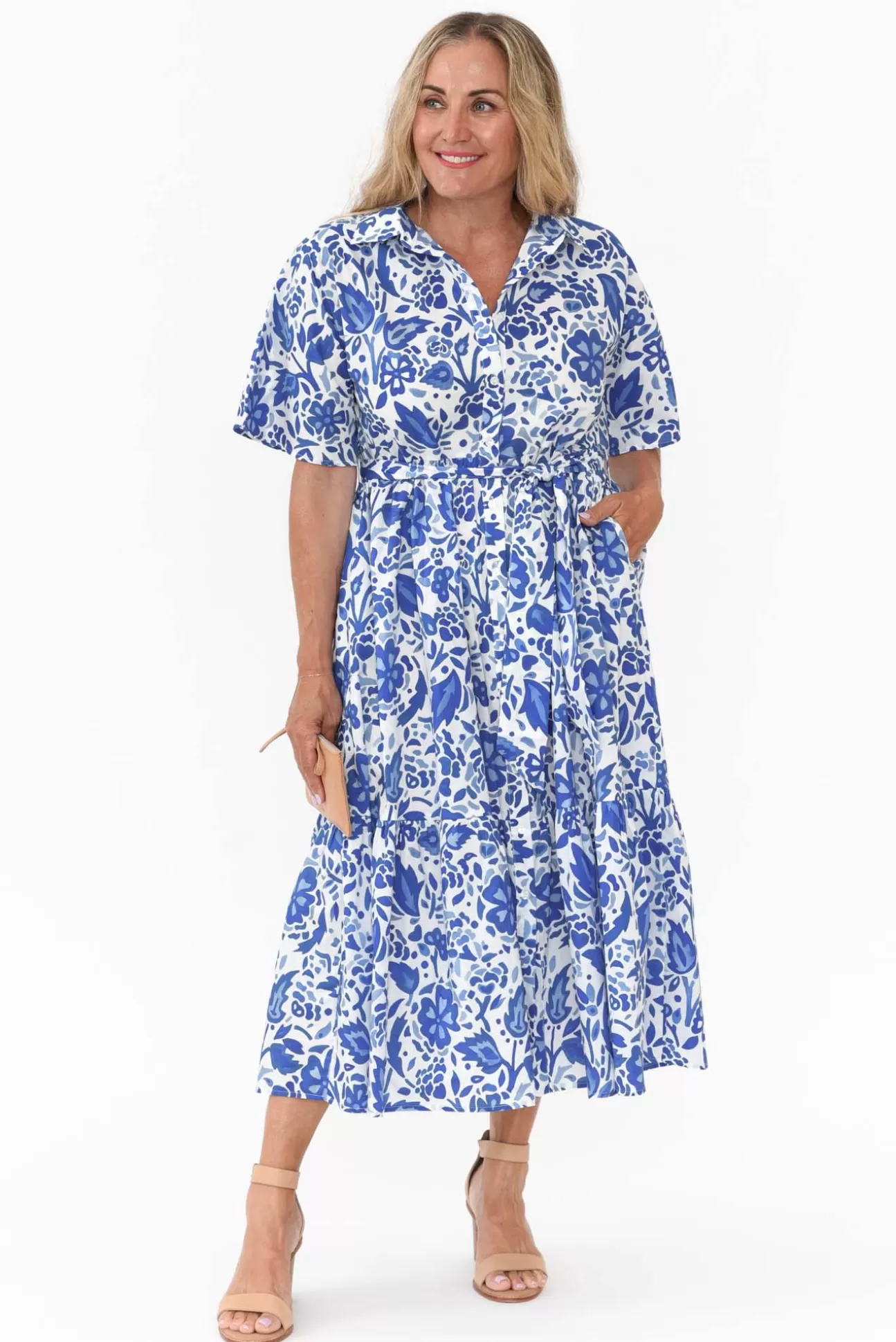 Liberty Rose Houston Blue Blossom Cotton Tie Dress Cheap