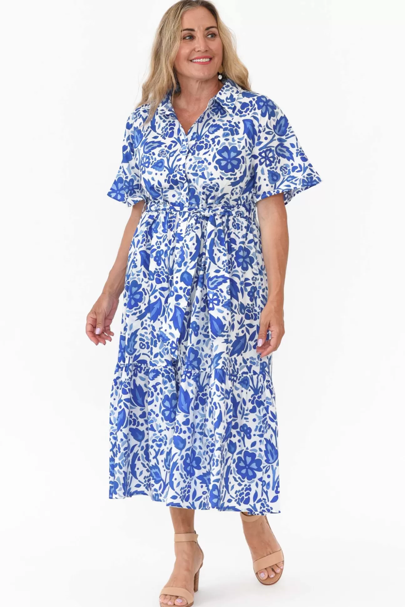 Liberty Rose Houston Blue Blossom Cotton Tie Dress Cheap