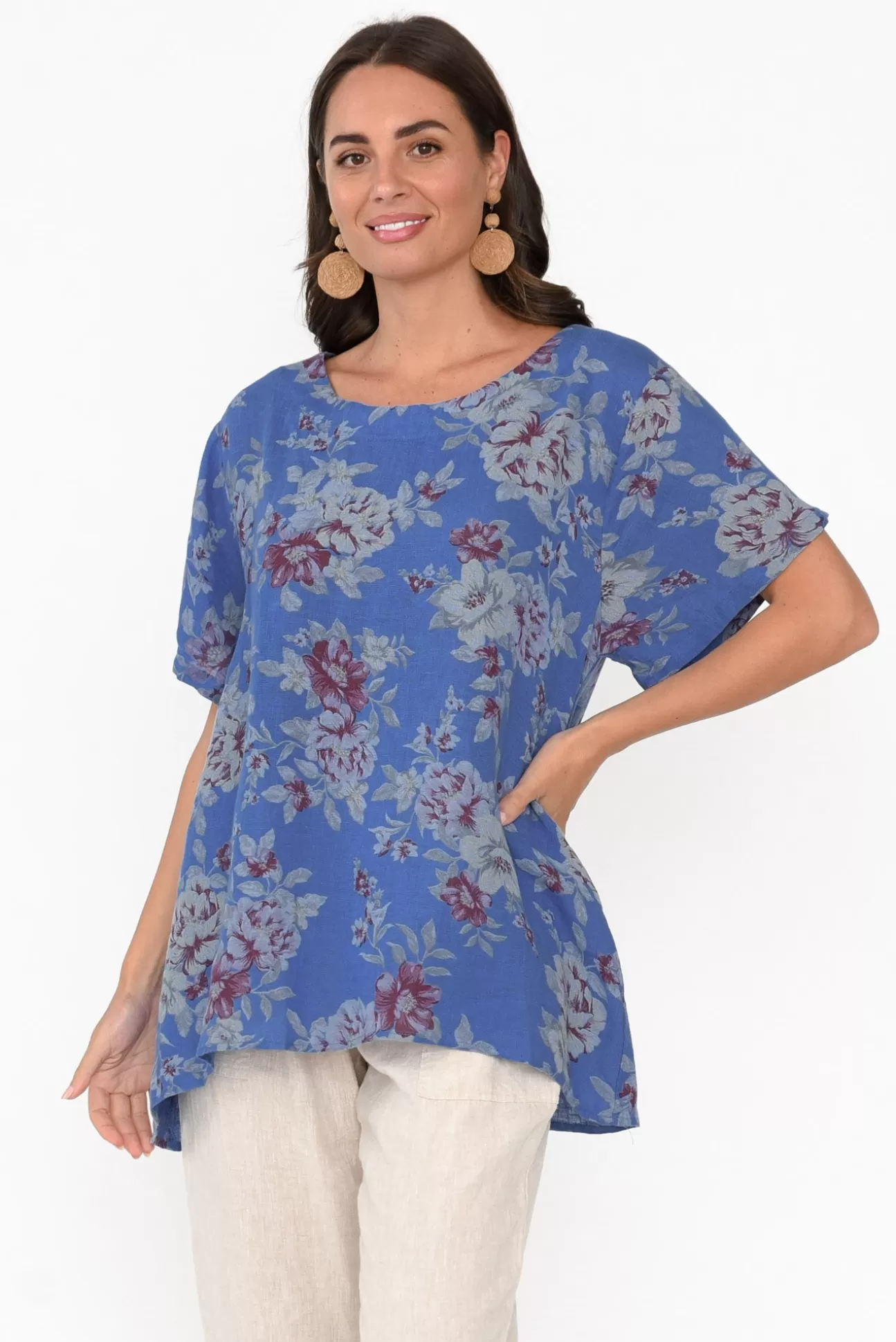 Cali and Co Idalia Cobalt Blossom Linen Top Cheap