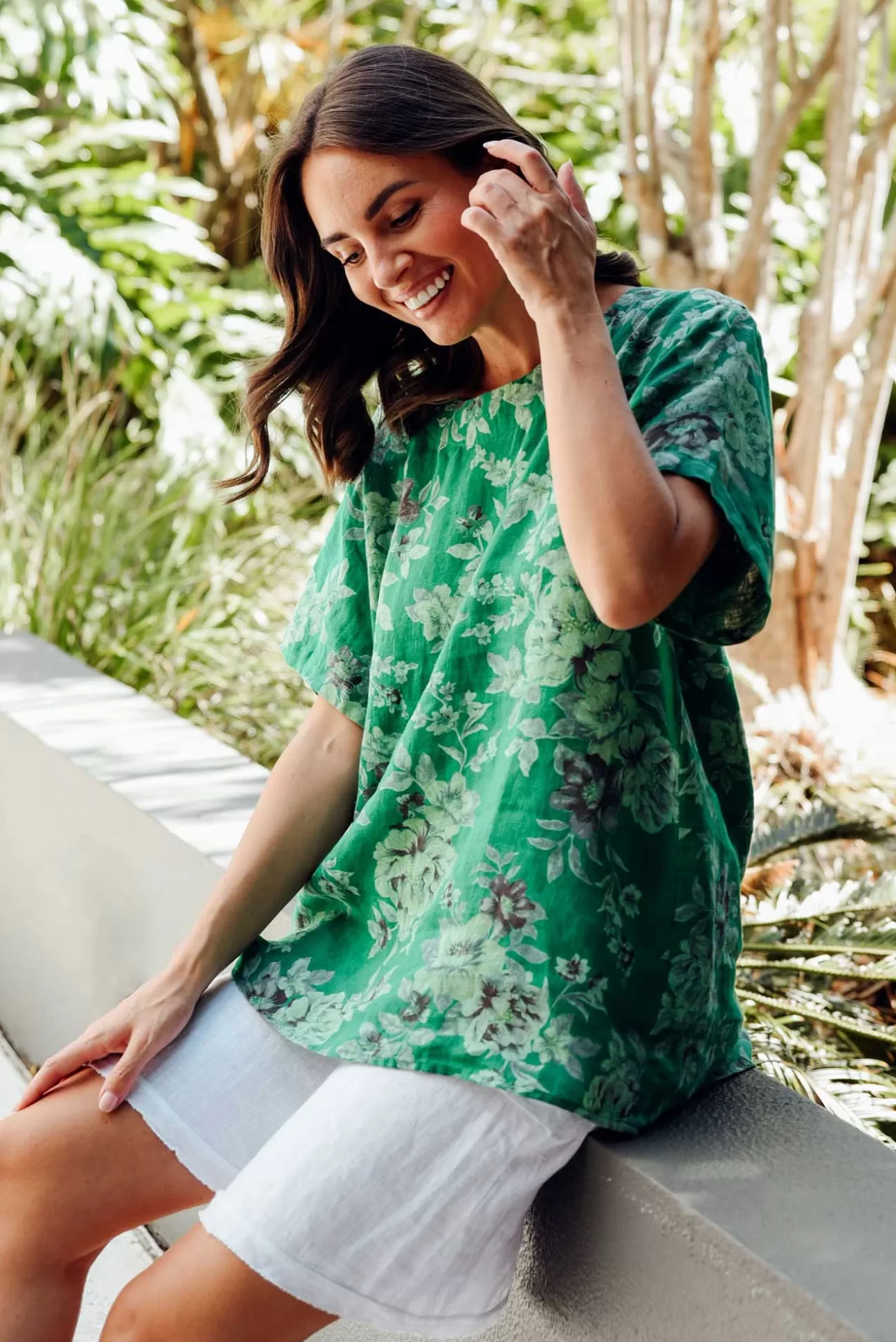 Cali and Co Idalia Green Blossom Linen Top Online