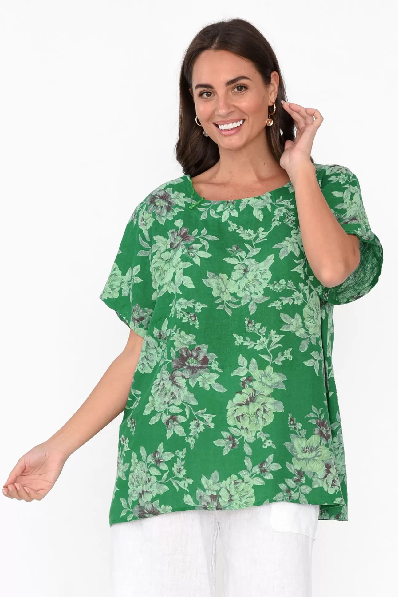 Cali and Co Idalia Green Blossom Linen Top Online