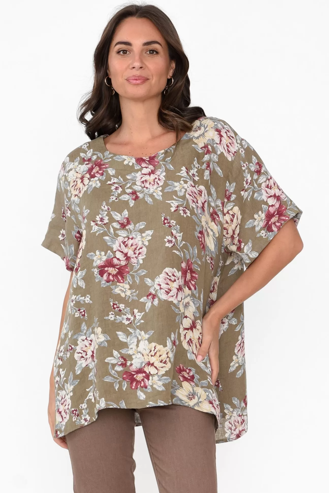 Cali and Co Idalia Khaki Blossom Linen Top Online