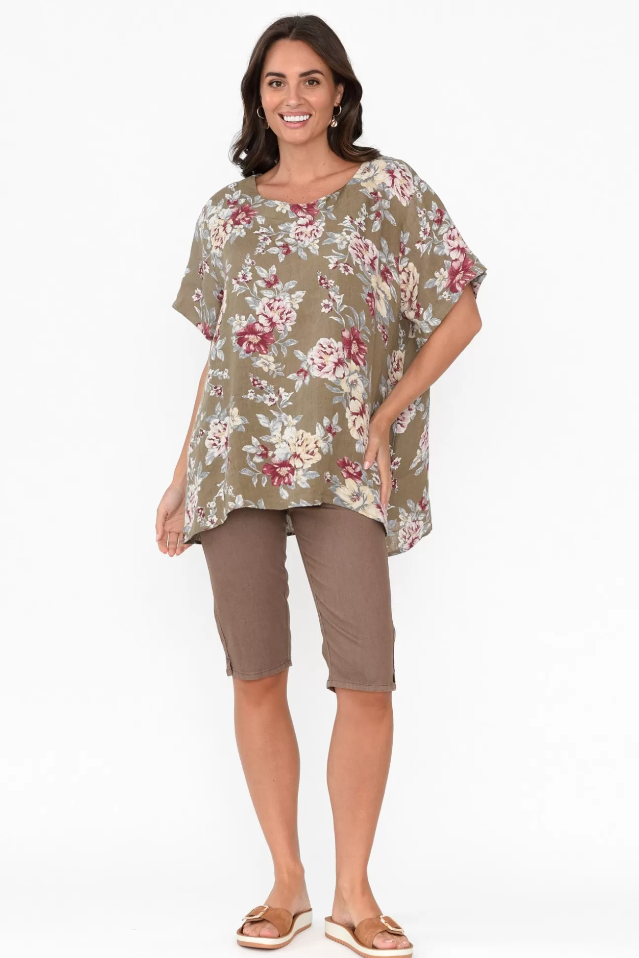 Cali and Co Idalia Khaki Blossom Linen Top Online