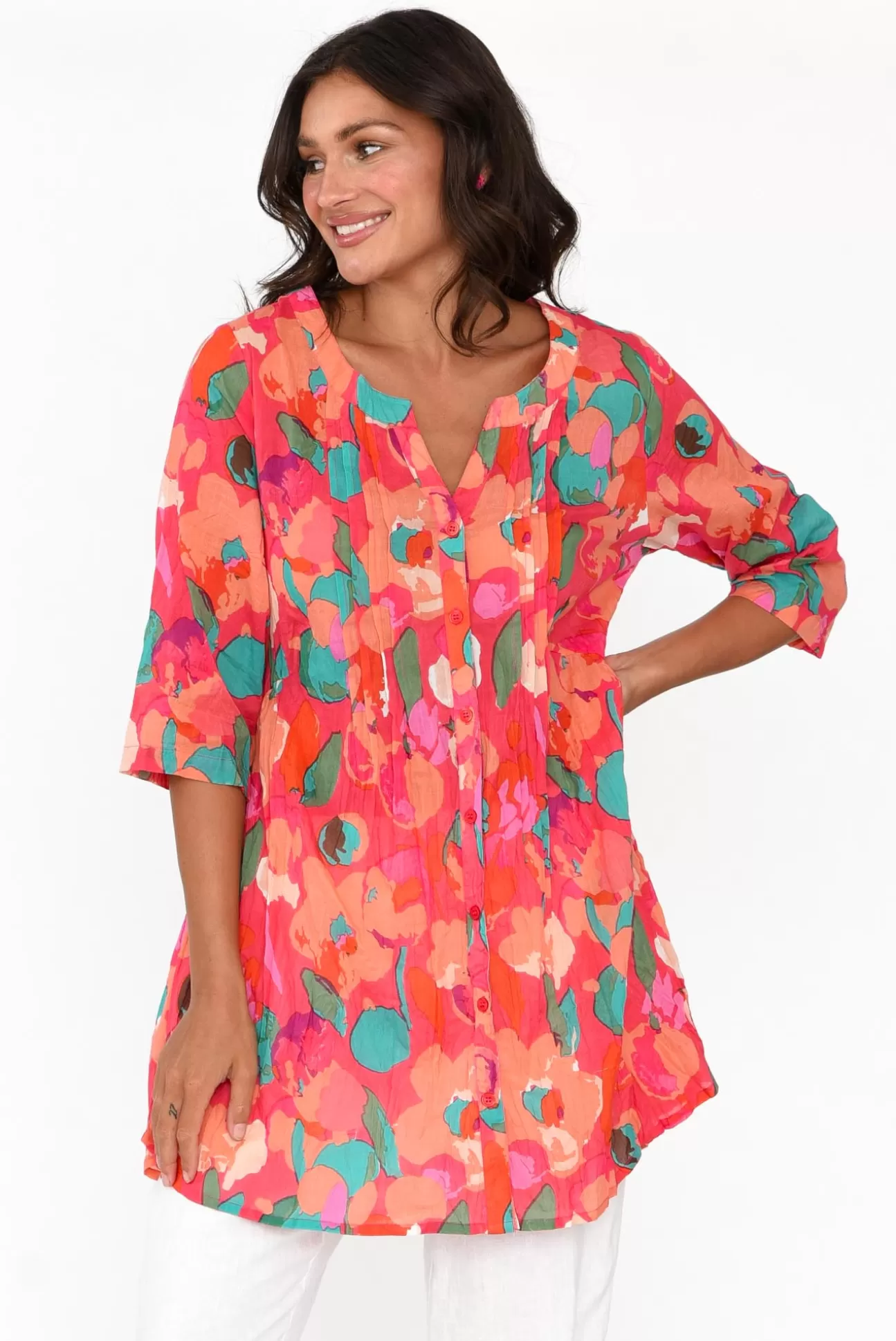 One Summer Indra Pink Blossom Cotton Tunic Top Sale