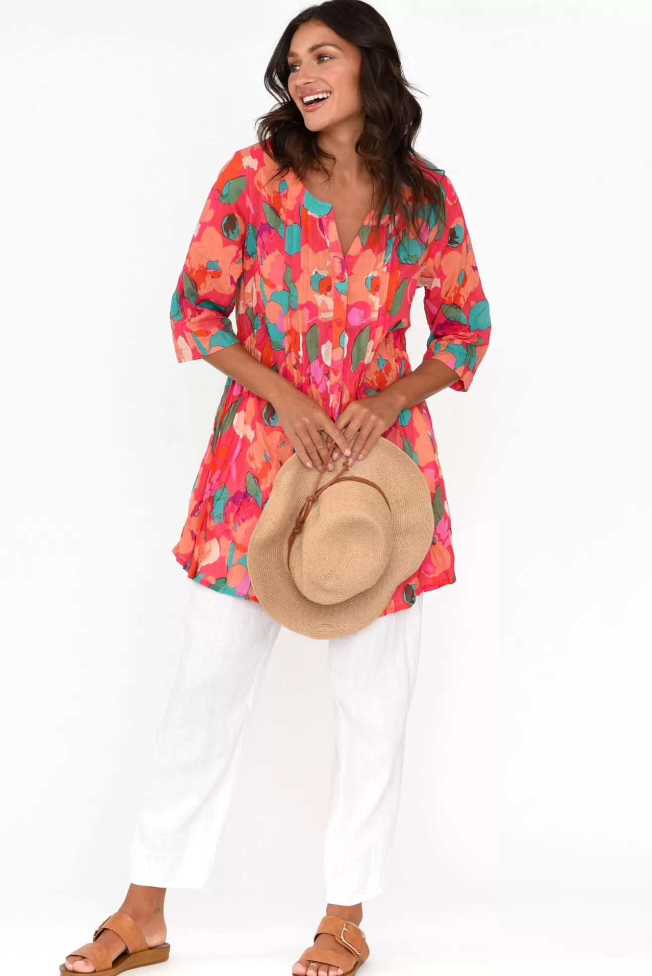 One Summer Indra Pink Blossom Cotton Tunic Top Sale