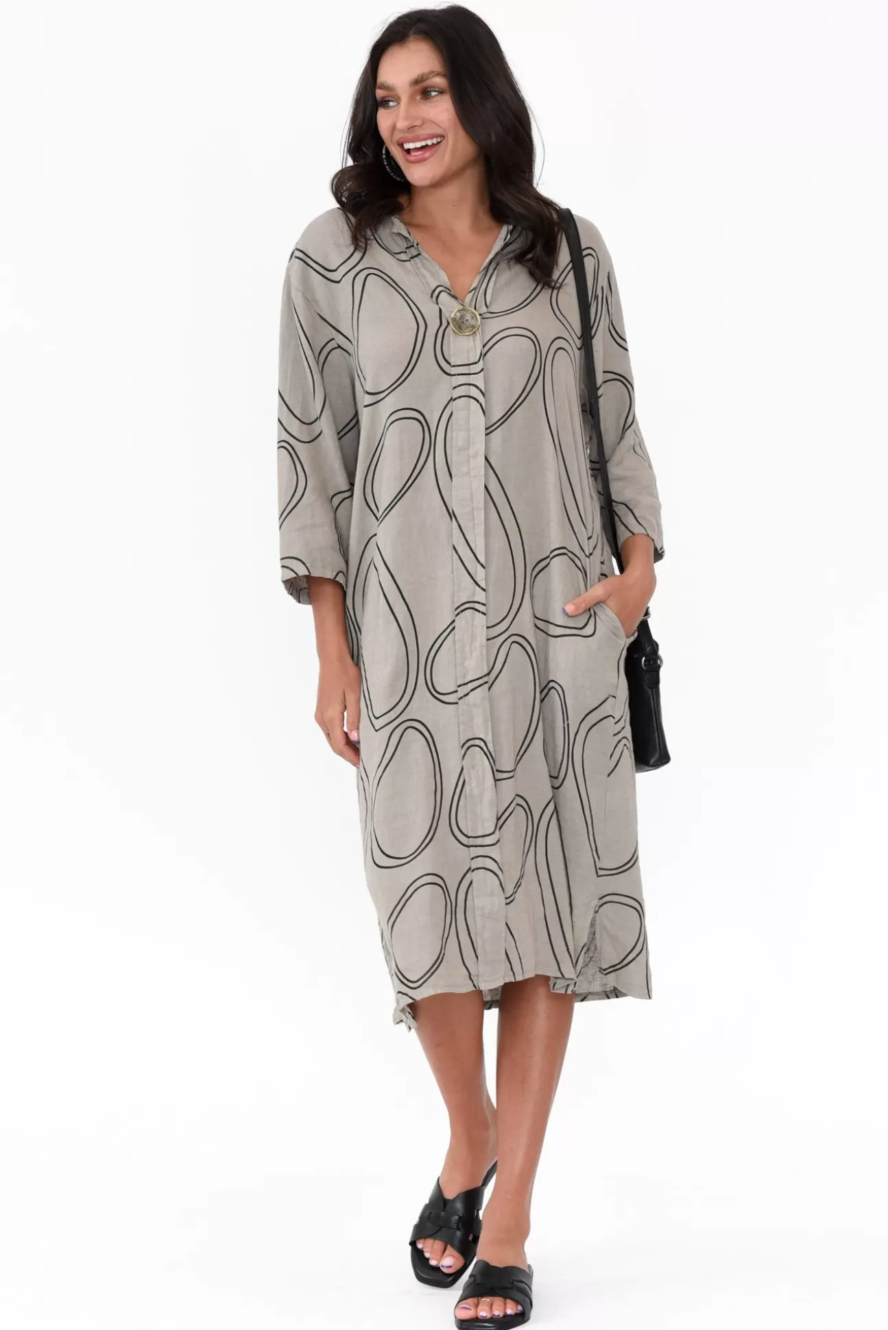 La Strada Inez Taupe Circle Linen Button Dress Flash Sale