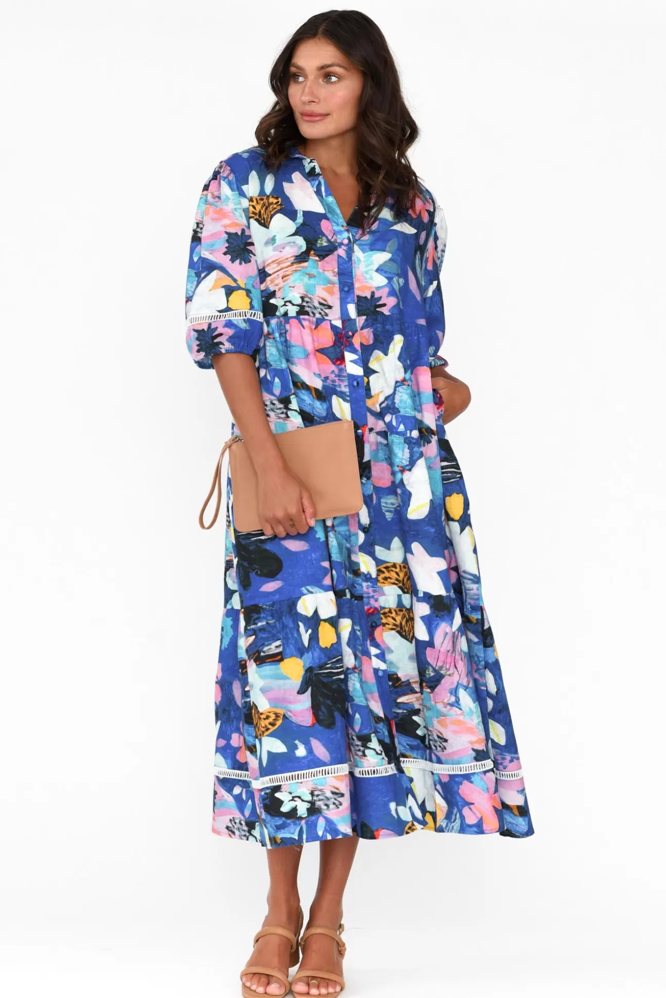 Liberty Rose Ives Cobalt Floral Linen Cotton Shirt Dress Hot