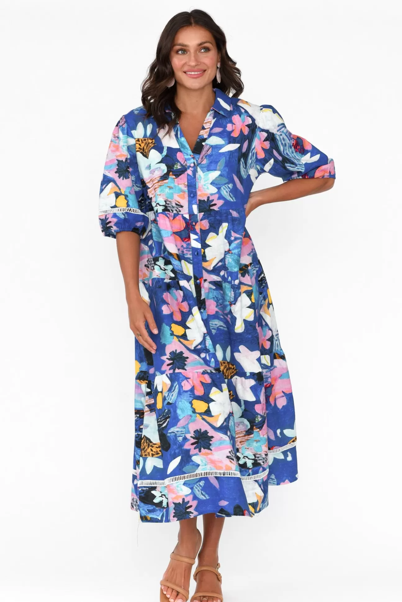 Liberty Rose Ives Cobalt Floral Linen Cotton Shirt Dress Hot