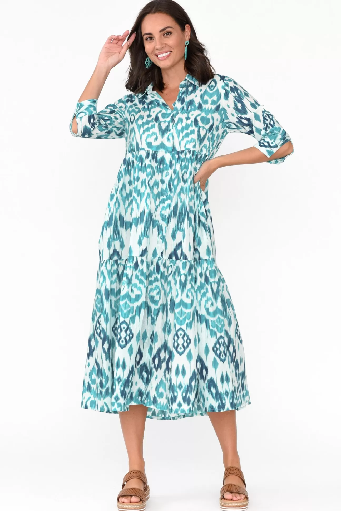 Orientique Izmir Turquoise Geo Organic Cotton Tiered Dress Flash Sale