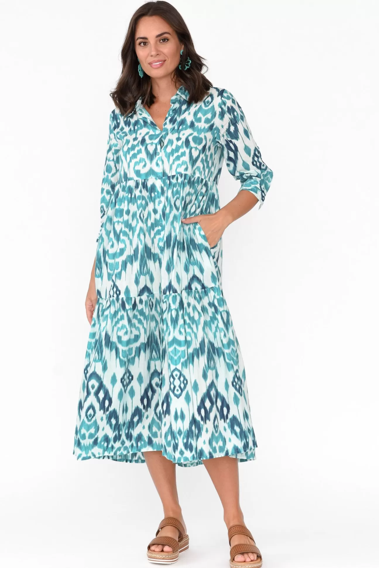 Orientique Izmir Turquoise Geo Organic Cotton Tiered Dress Flash Sale