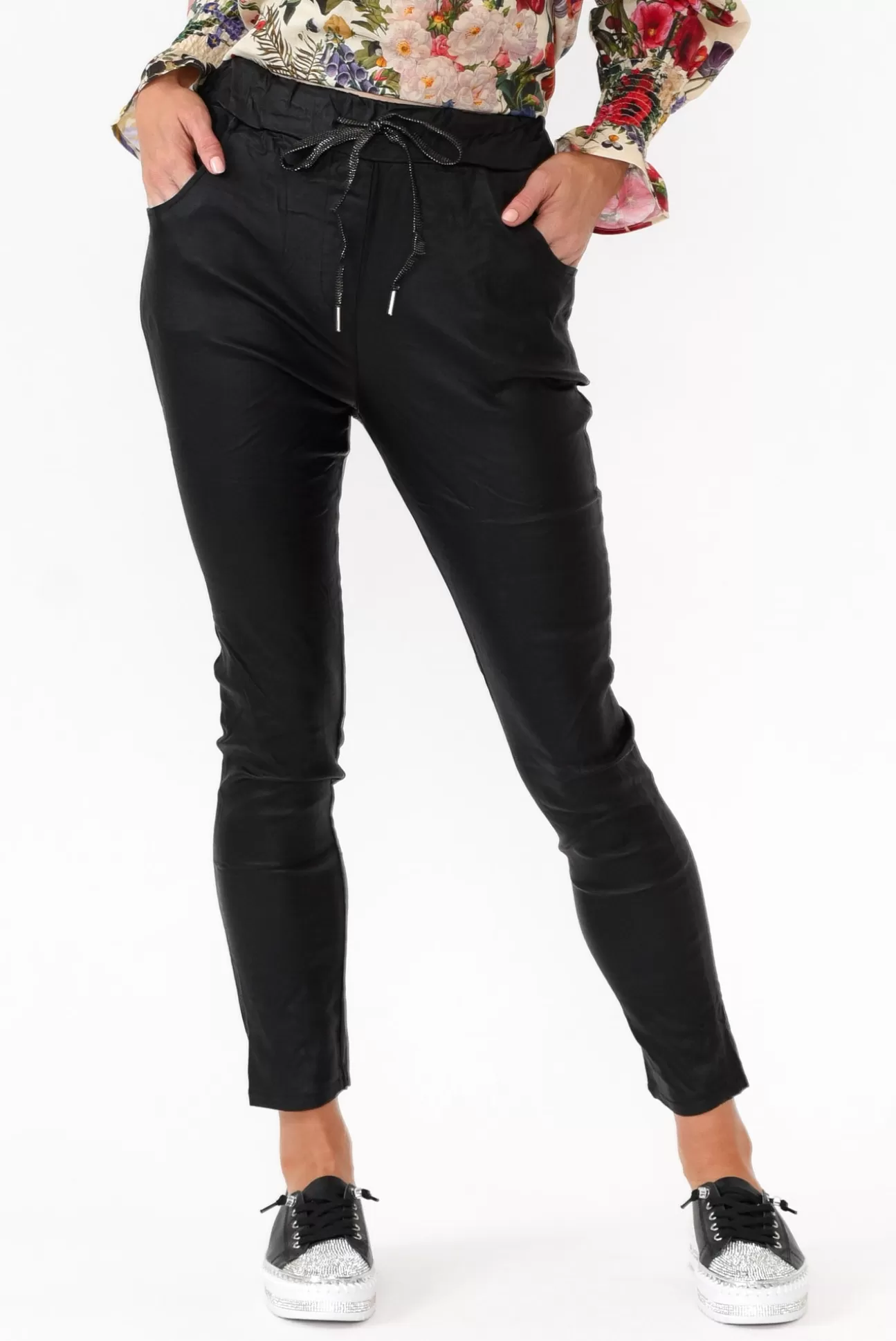 Indigo Designs Jacinta Black Wet Look Stretch Pant Flash Sale