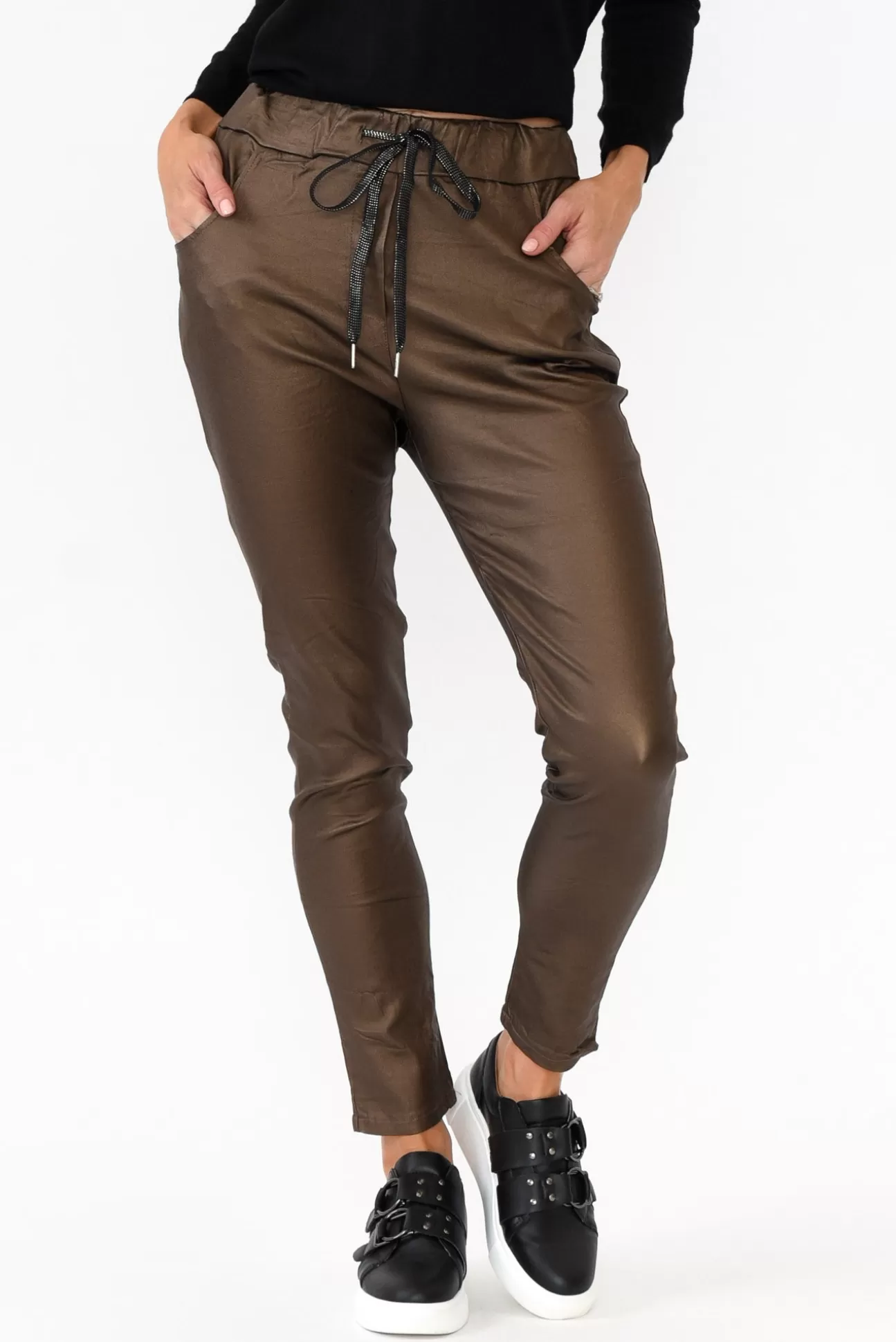 Indigo Designs Jacinta Bronze Wet Look Stretch Pant Cheap