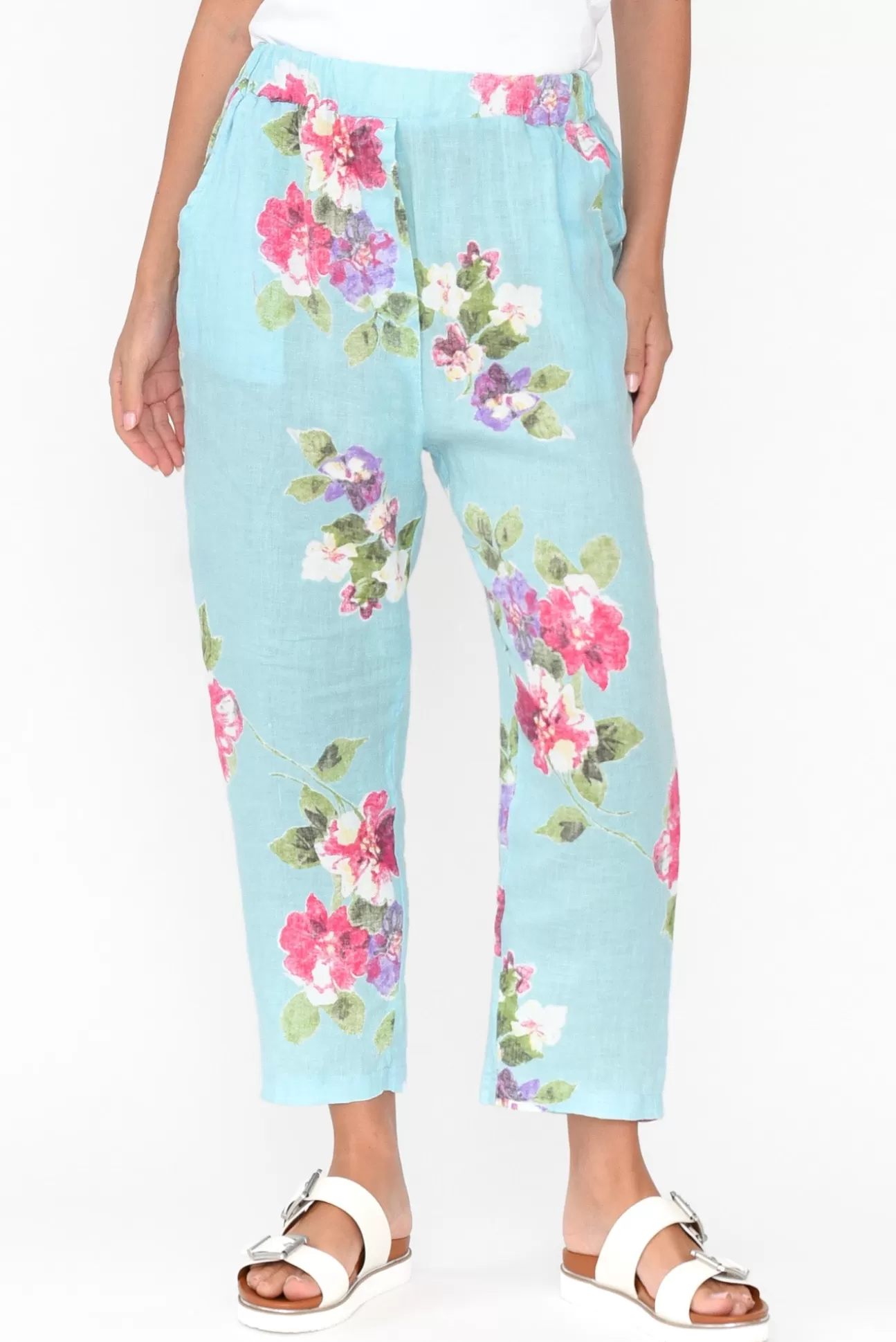 Cali and Co Jacqui Aqua Flower Linen Pants Cheap