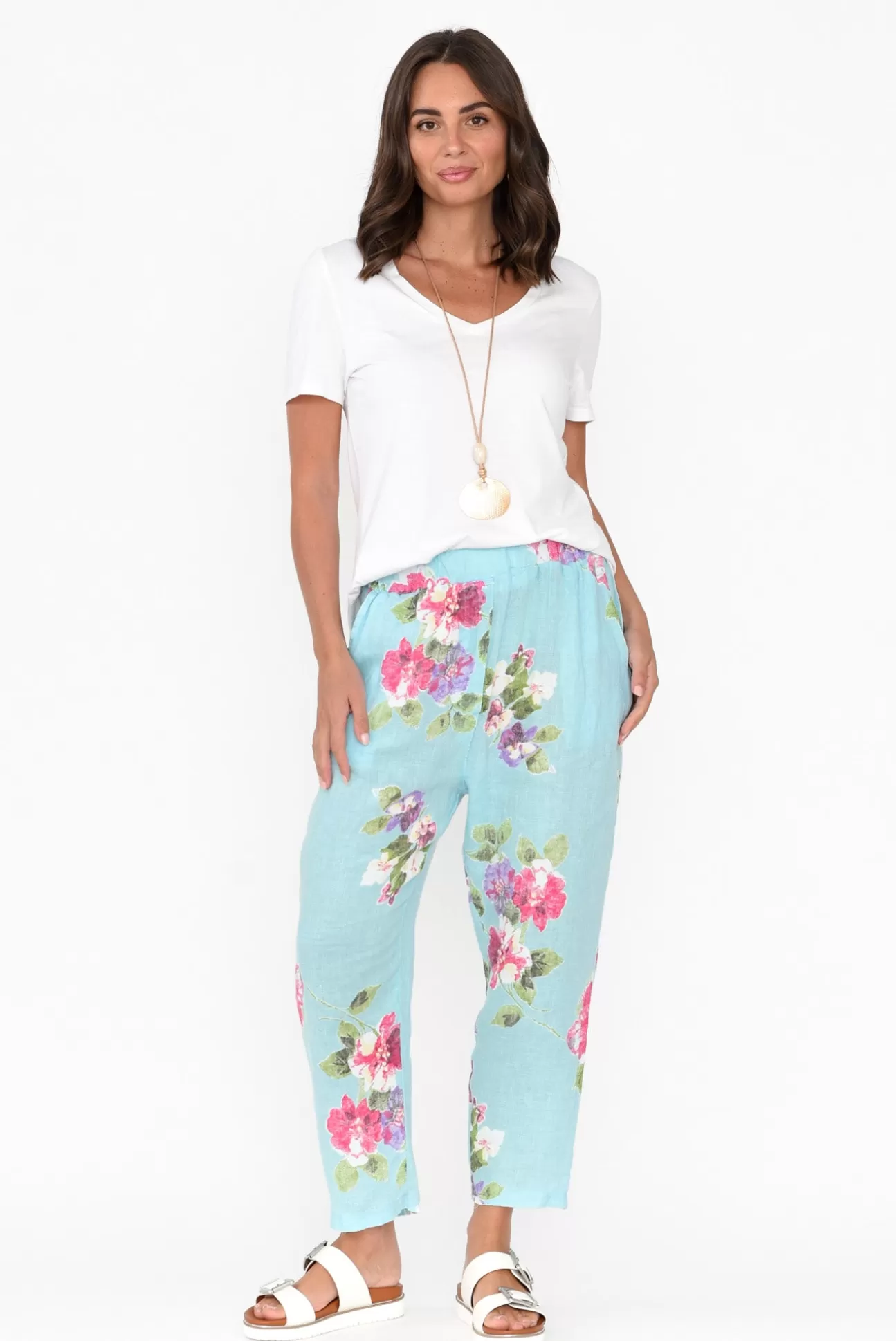 Cali and Co Jacqui Aqua Flower Linen Pants Cheap