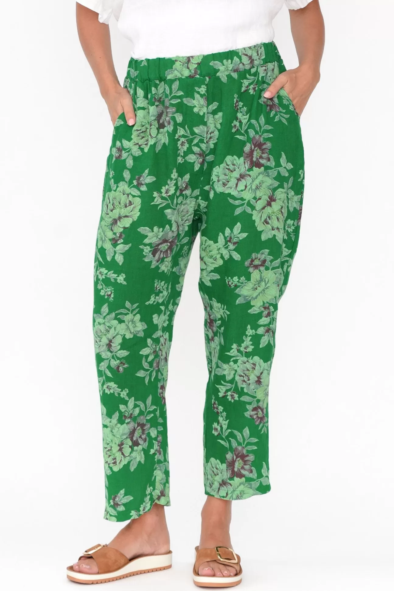 Cali and Co Jacqui Green Blossom Linen Pants Best