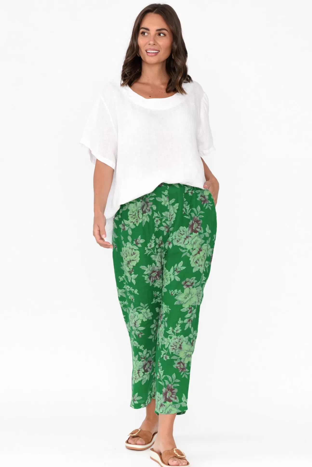 Cali and Co Jacqui Green Blossom Linen Pants Best