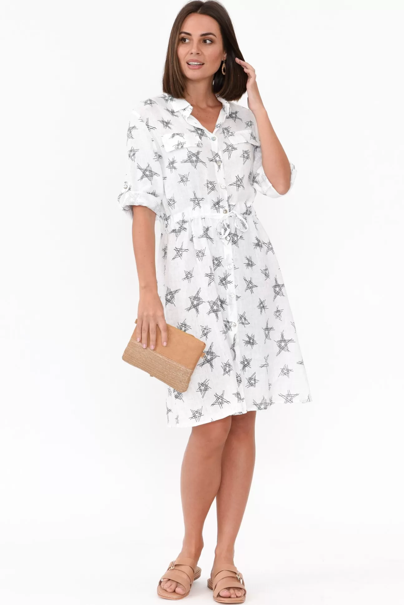 Threadz Jada White Star Linen Dress Discount