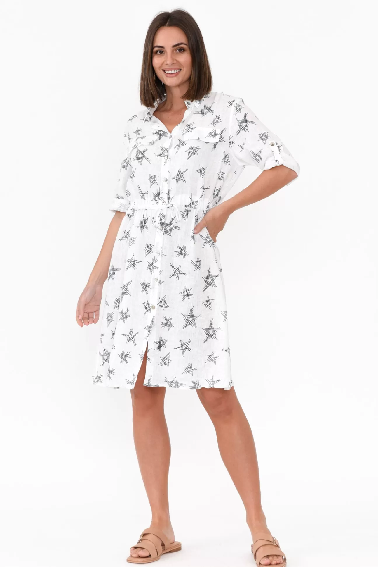 Threadz Jada White Star Linen Dress Discount