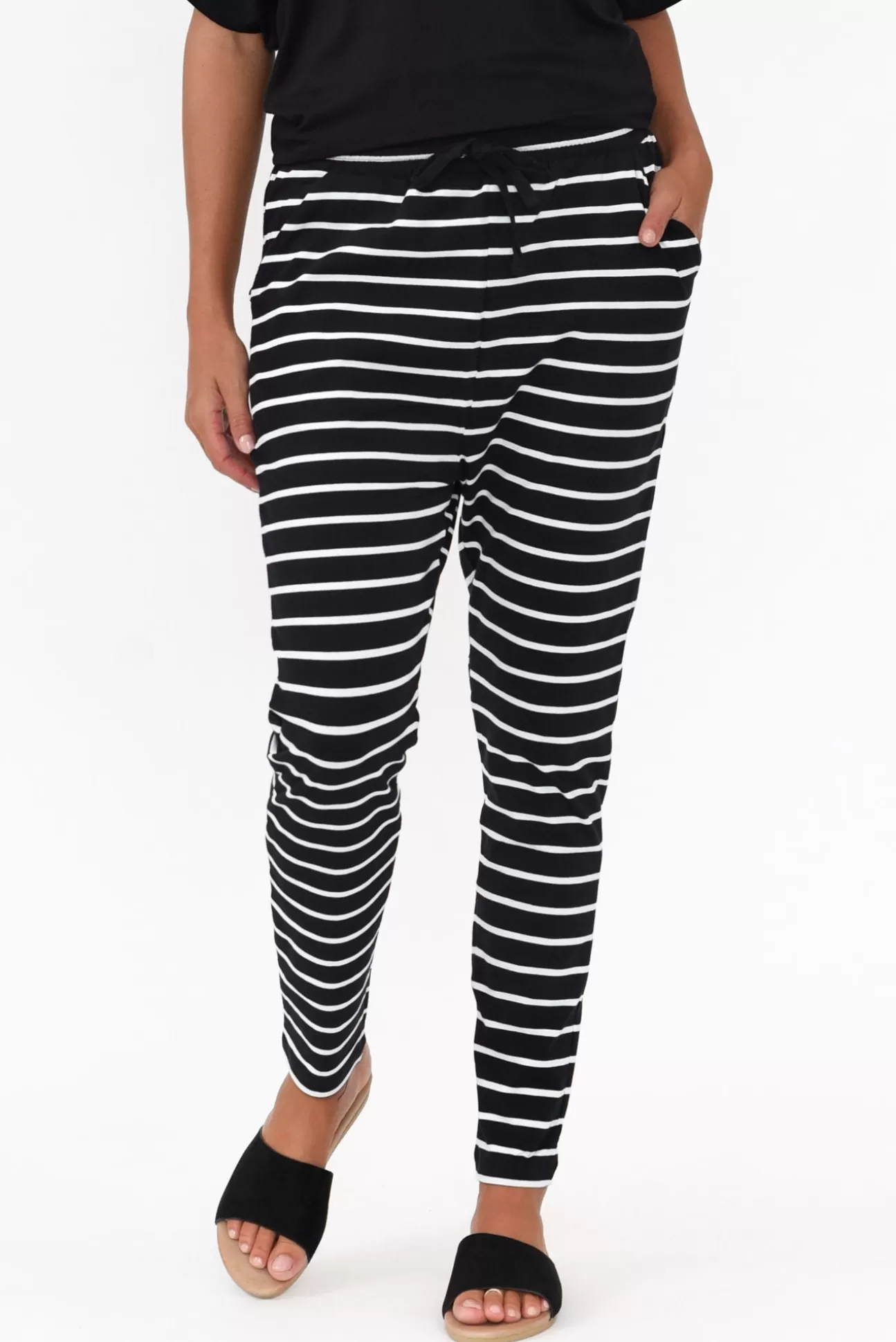 Betty Basics Jade Black And White Stripe Slouch Pant Cheap