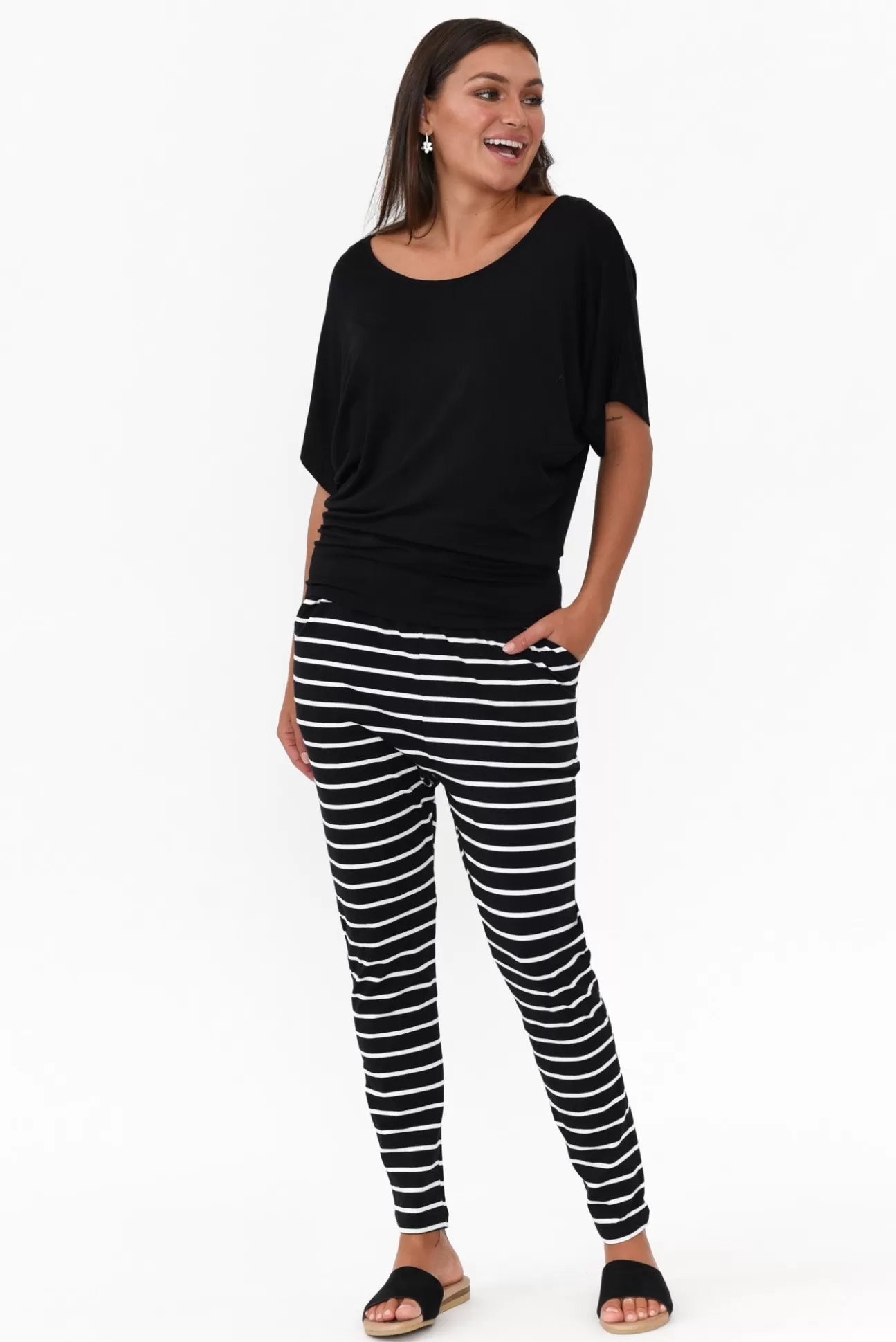 Betty Basics Jade Black And White Stripe Slouch Pant Cheap