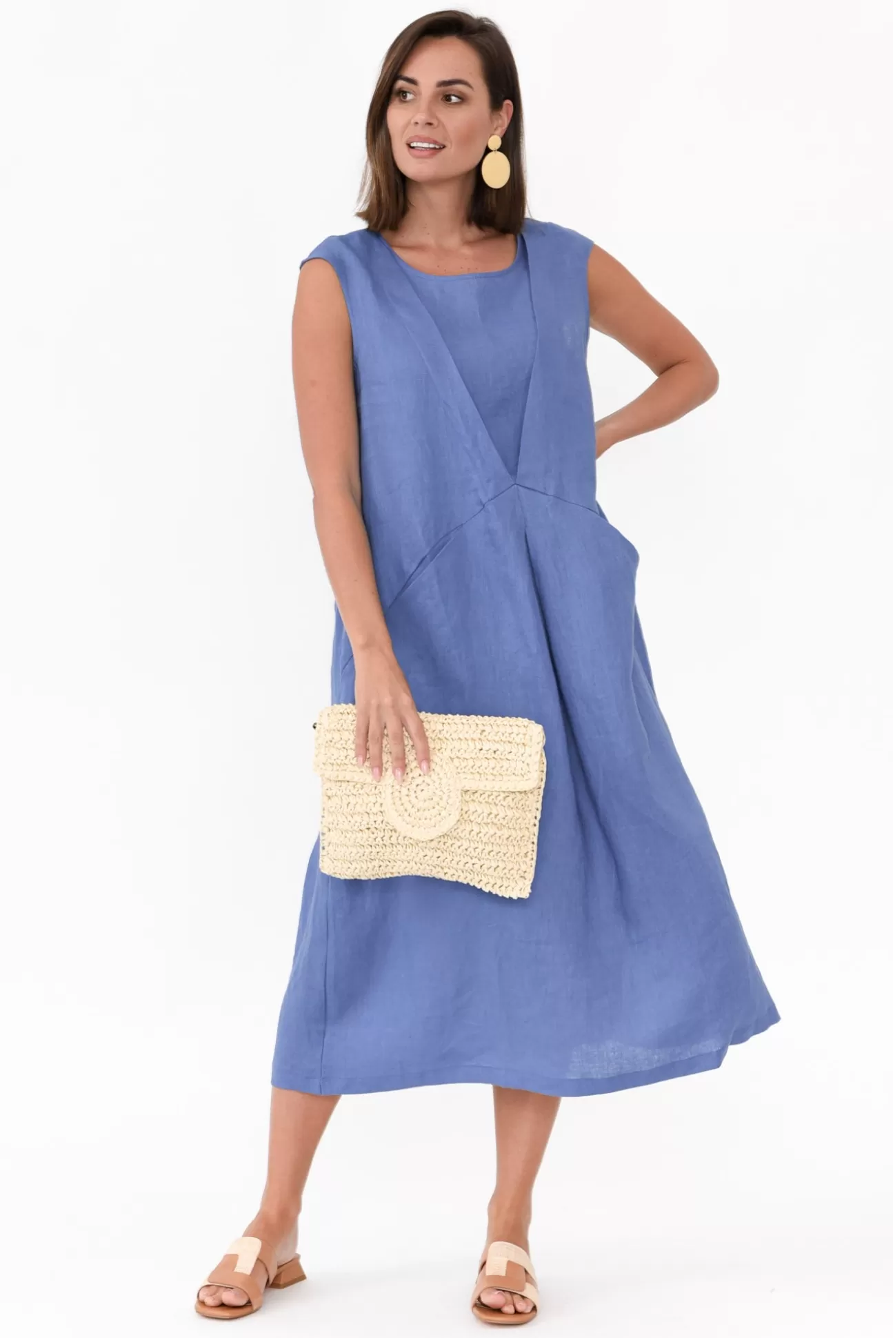 Tirelli Jaden Blue V Flange Linen Dress Cheap