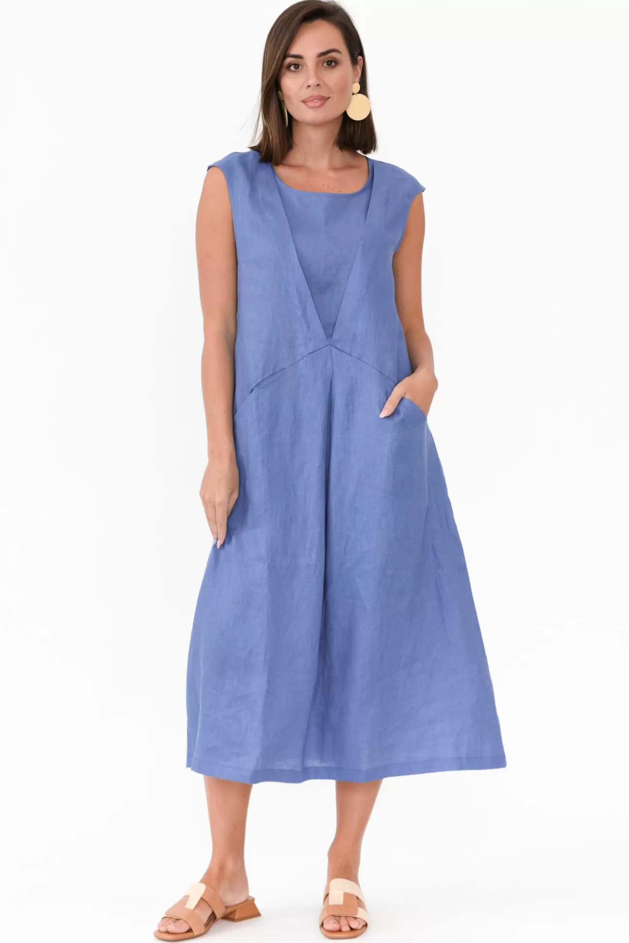 Tirelli Jaden Blue V Flange Linen Dress Cheap