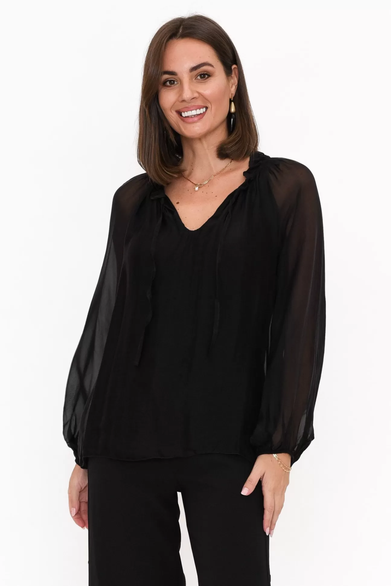 La Strada James Black Front Tie Silk Top Cheap