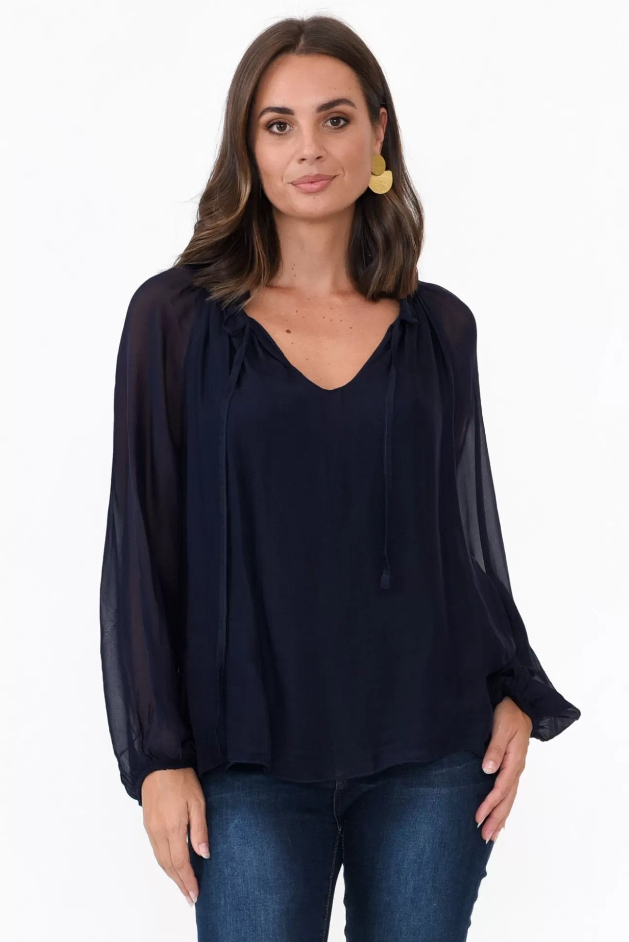 La Strada James Navy Front Tie Silk Top New