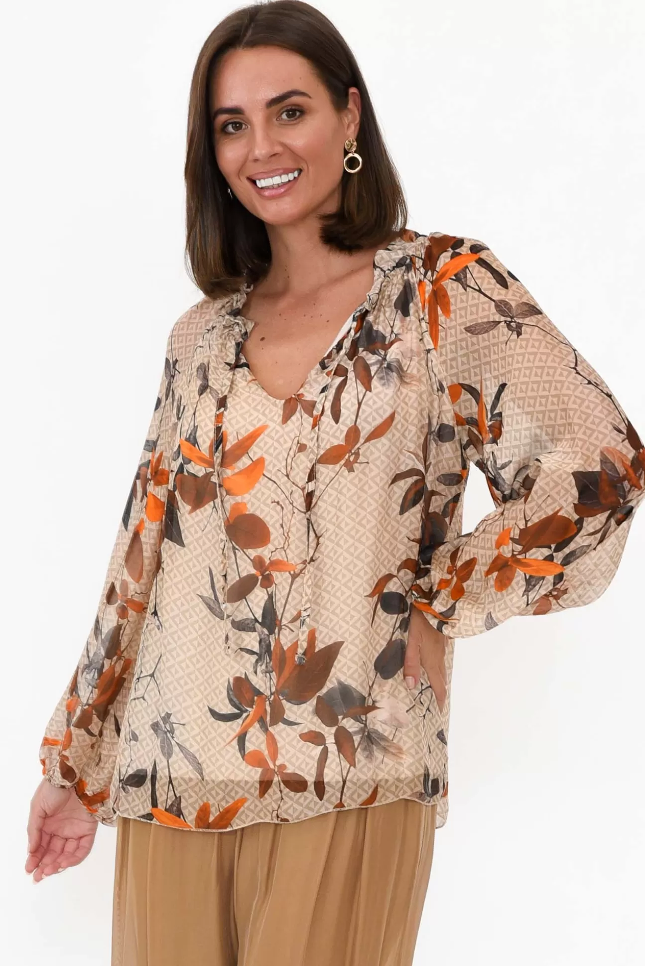 La Strada James Rust Leaf Front Tie Silk Top Sale