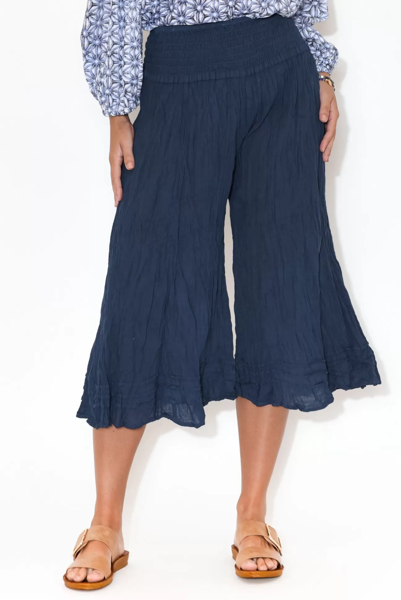 Namastai Janet Navy Cropped Crinkle Cotton Pant Best Sale