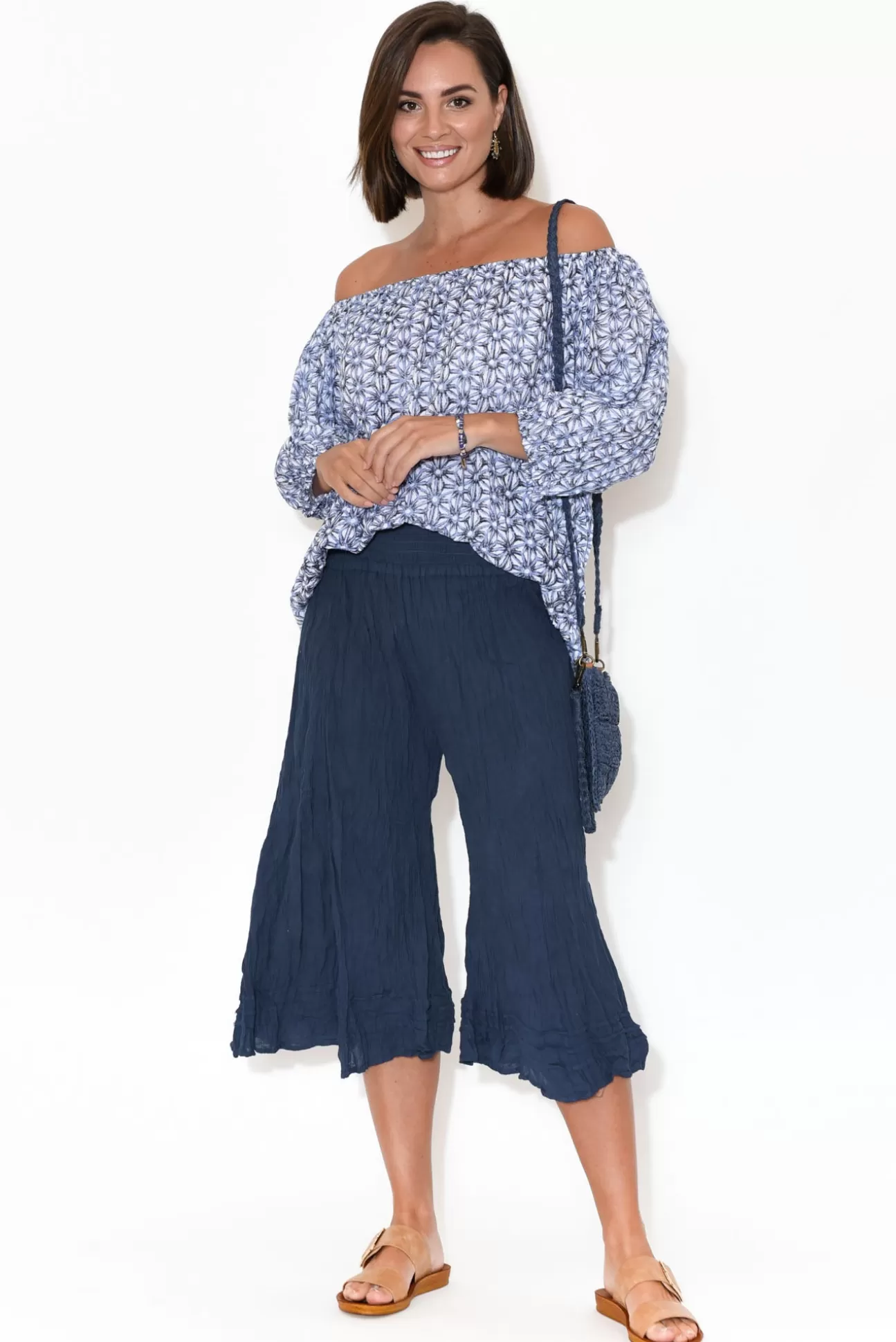 Namastai Janet Navy Cropped Crinkle Cotton Pant Best Sale