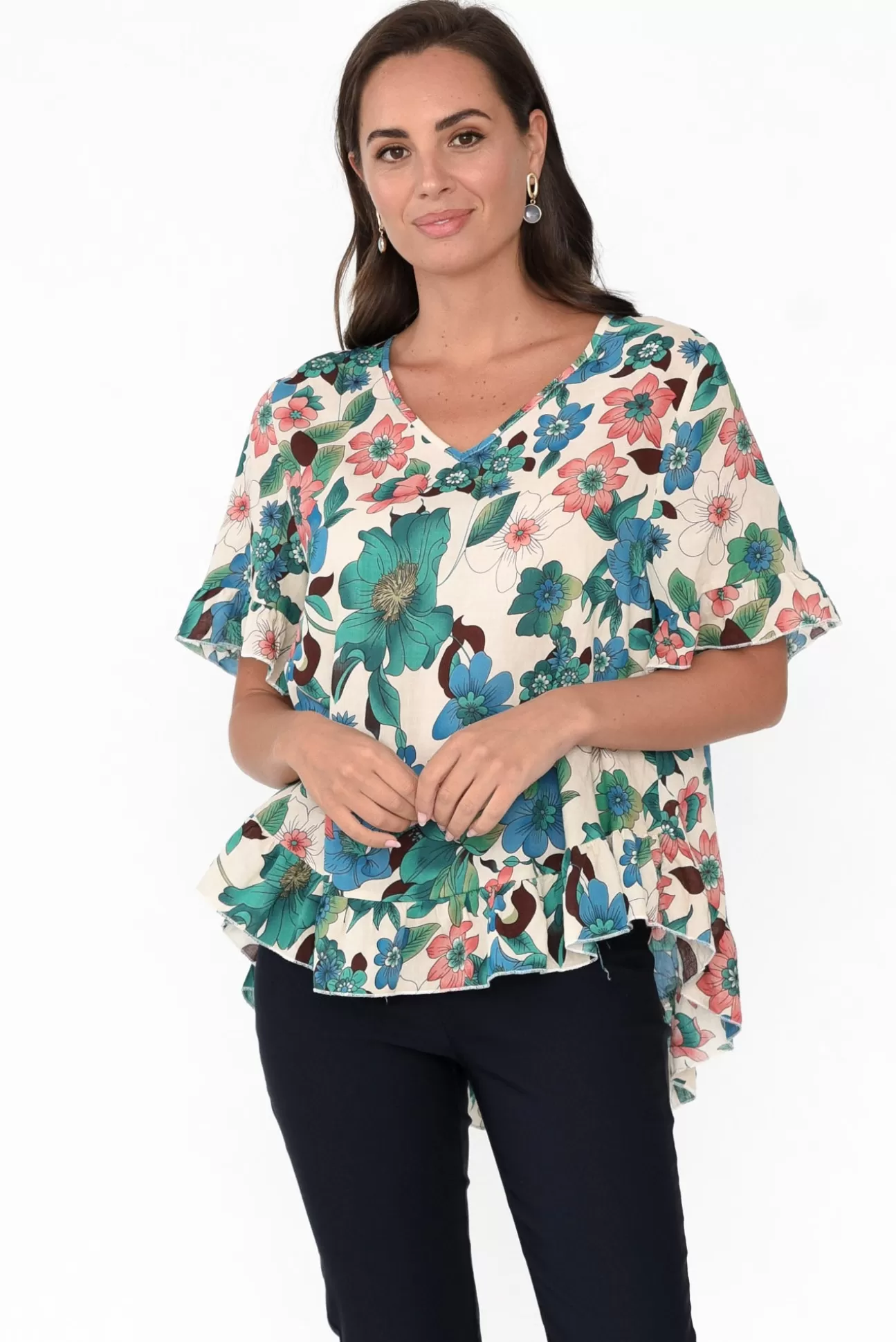 Wishstone Jenelle Green Floral Frill Top Shop