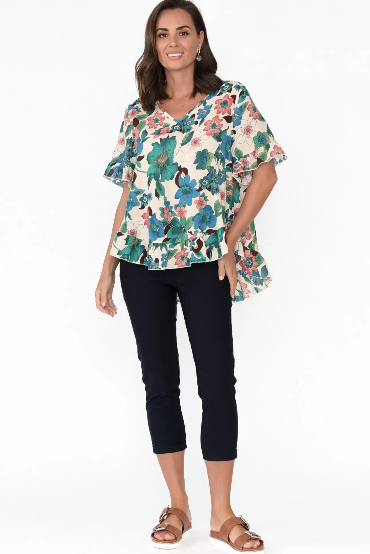 Wishstone Jenelle Green Floral Frill Top Shop