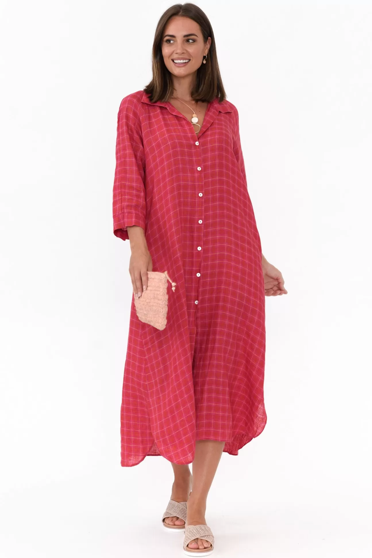 Soul Sparrow Jonah Pink Check Linen Button Dress Flash Sale