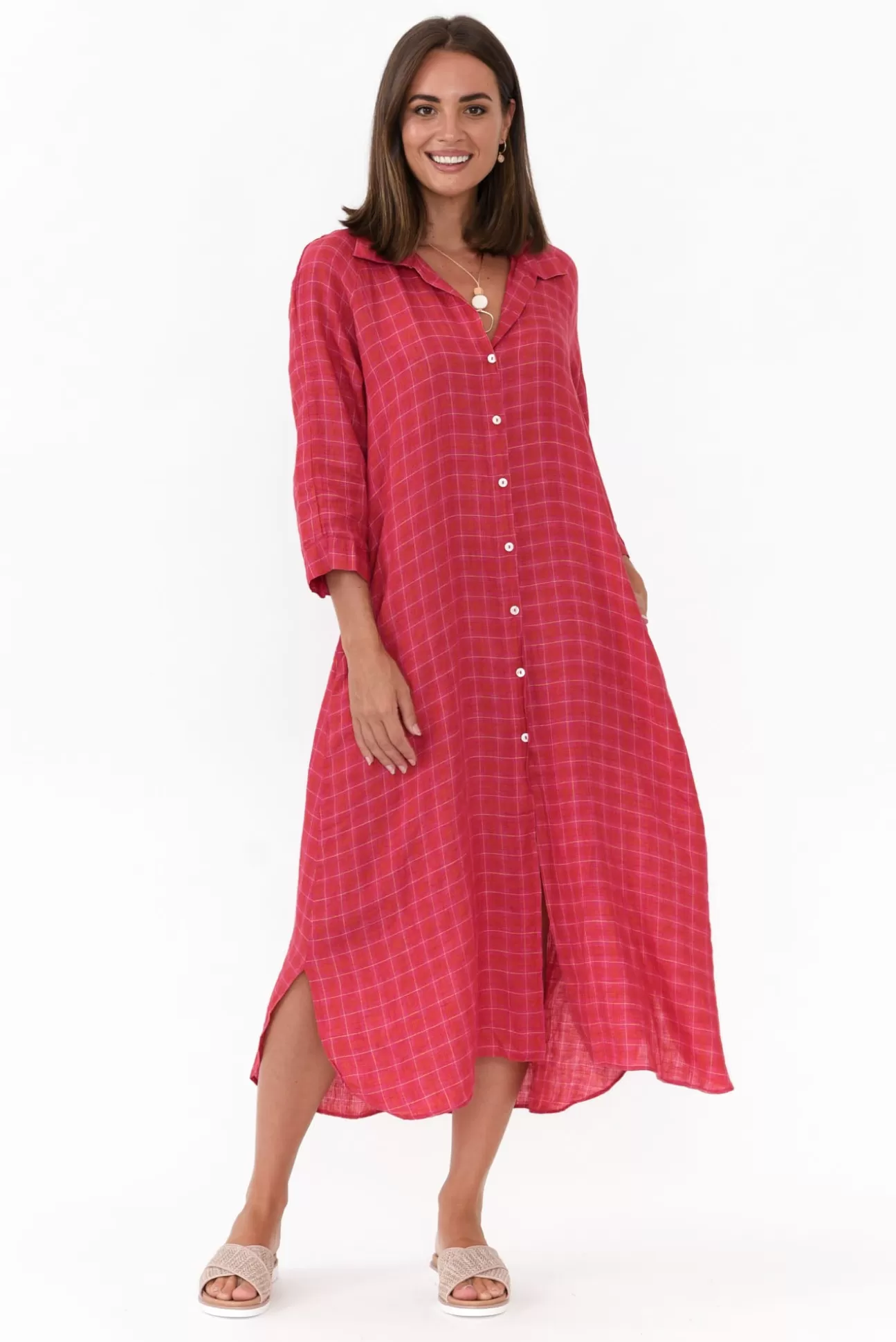 Soul Sparrow Jonah Pink Check Linen Button Dress Flash Sale