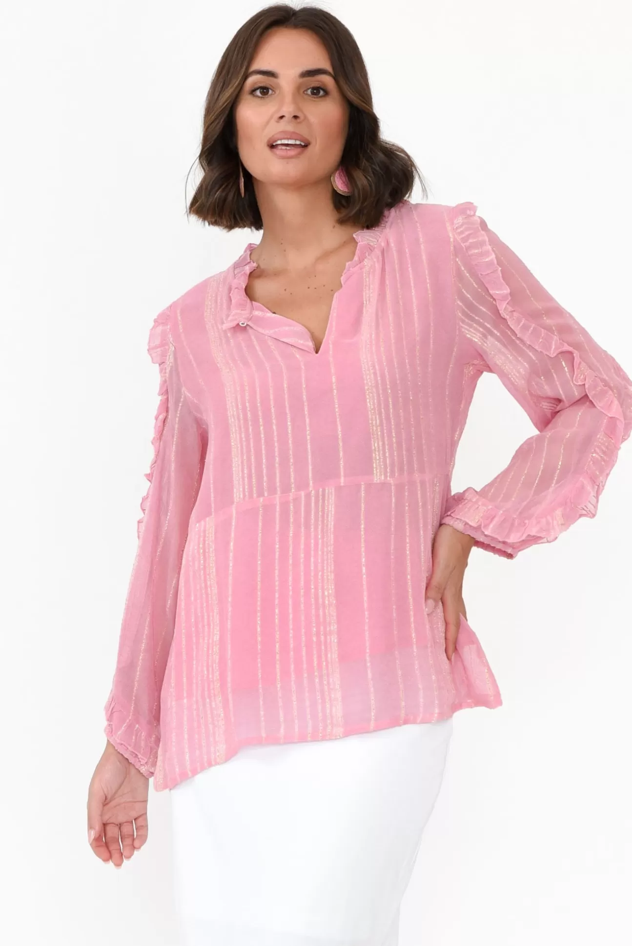 Caju Juno Pink Ruffled Sleeve Blouse Best Sale