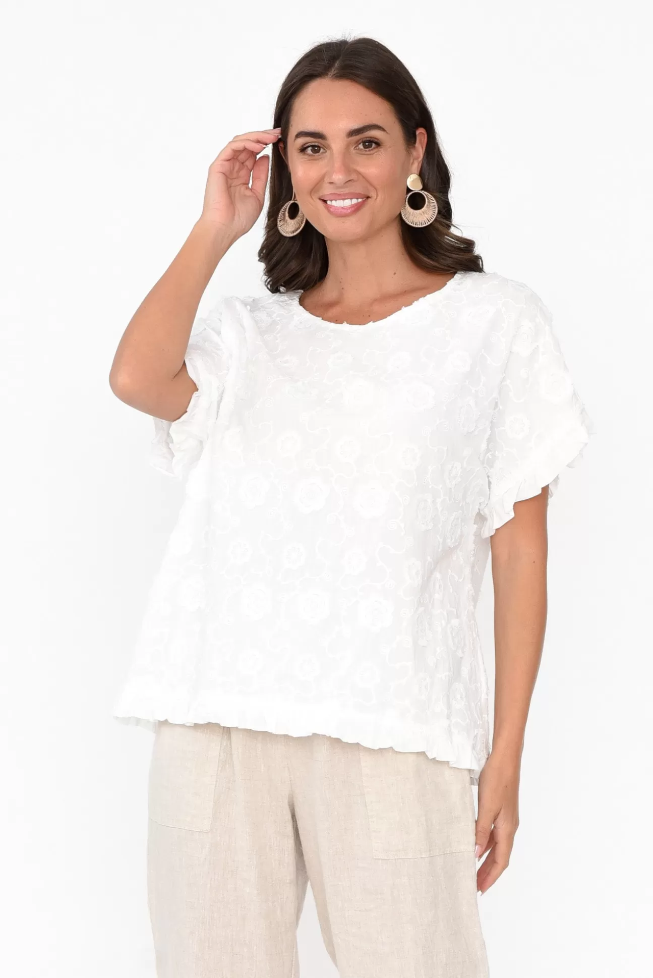 Cafe Latte Kaida Cream Floral Embroidered Cotton Top Flash Sale