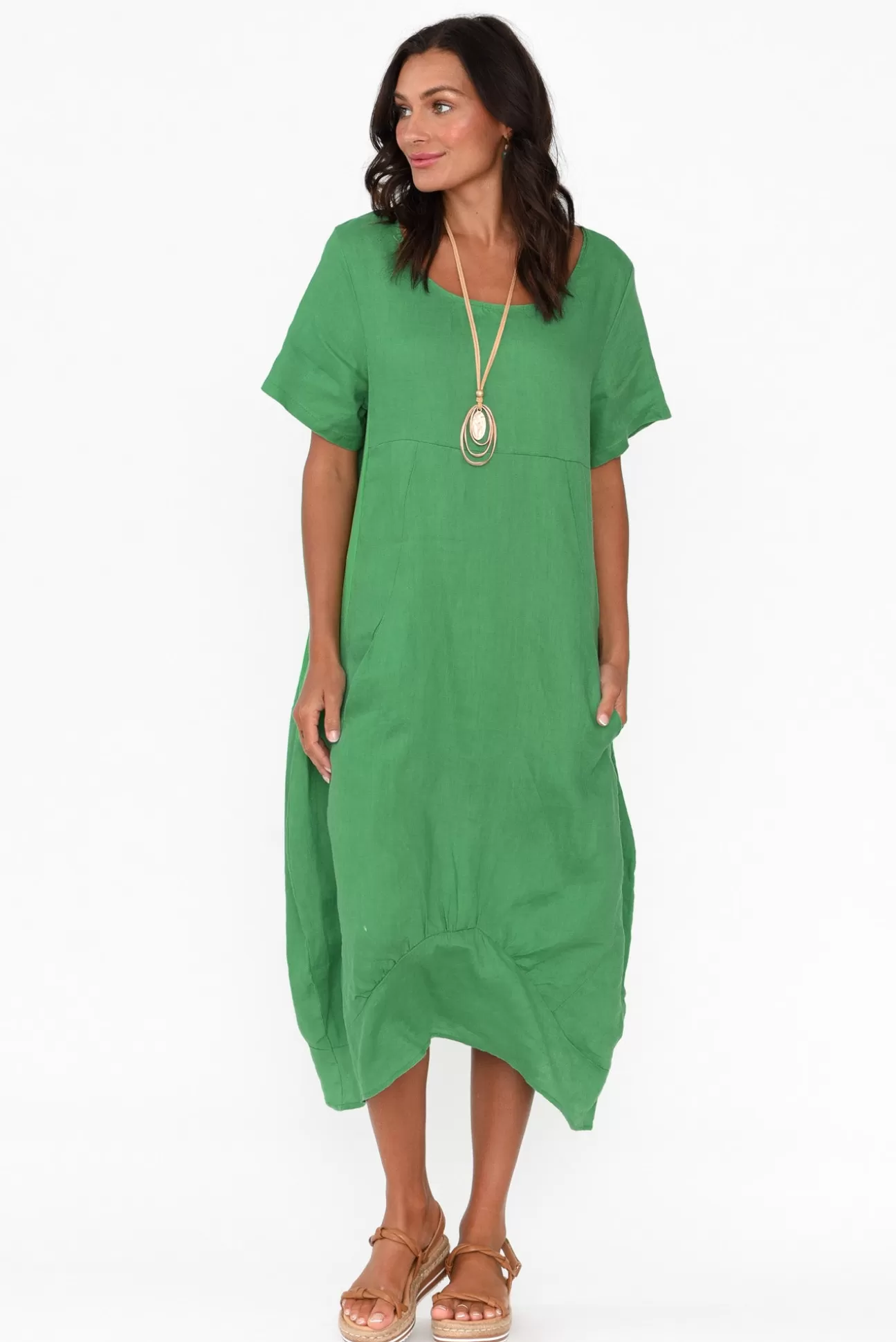 Cali and Co Kandace Emerald Linen Pocket Dress Fashion