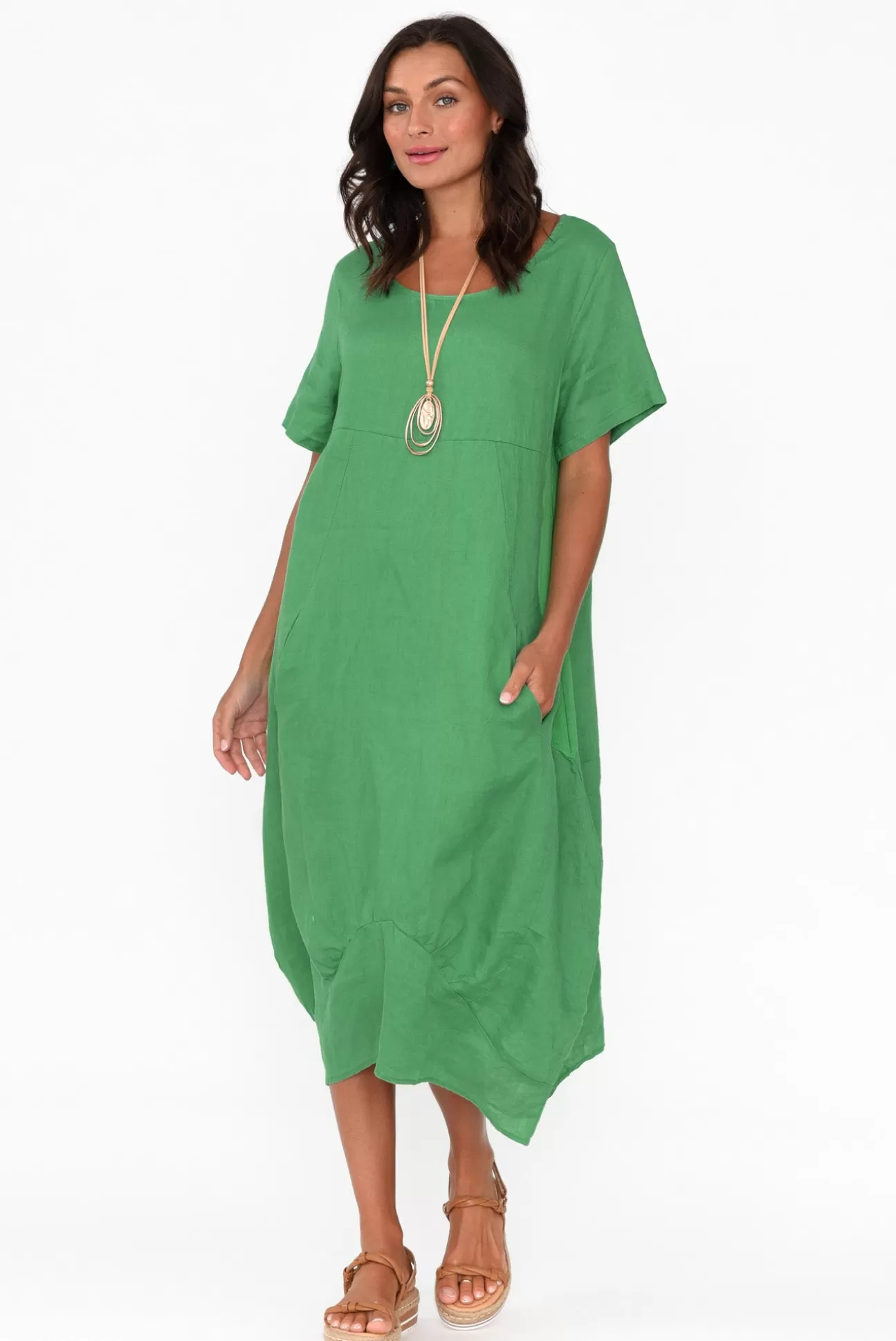 Cali and Co Kandace Emerald Linen Pocket Dress Fashion