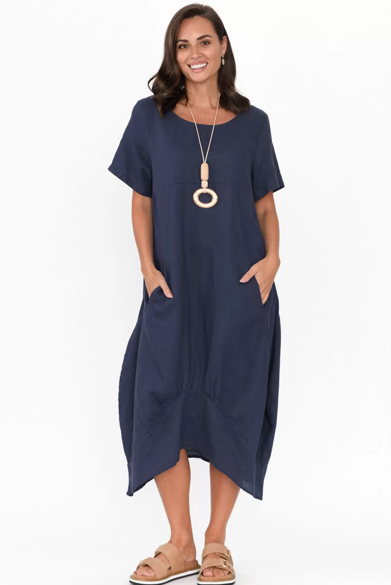 Cali and Co Kandace Navy Linen Pocket Dress Cheap