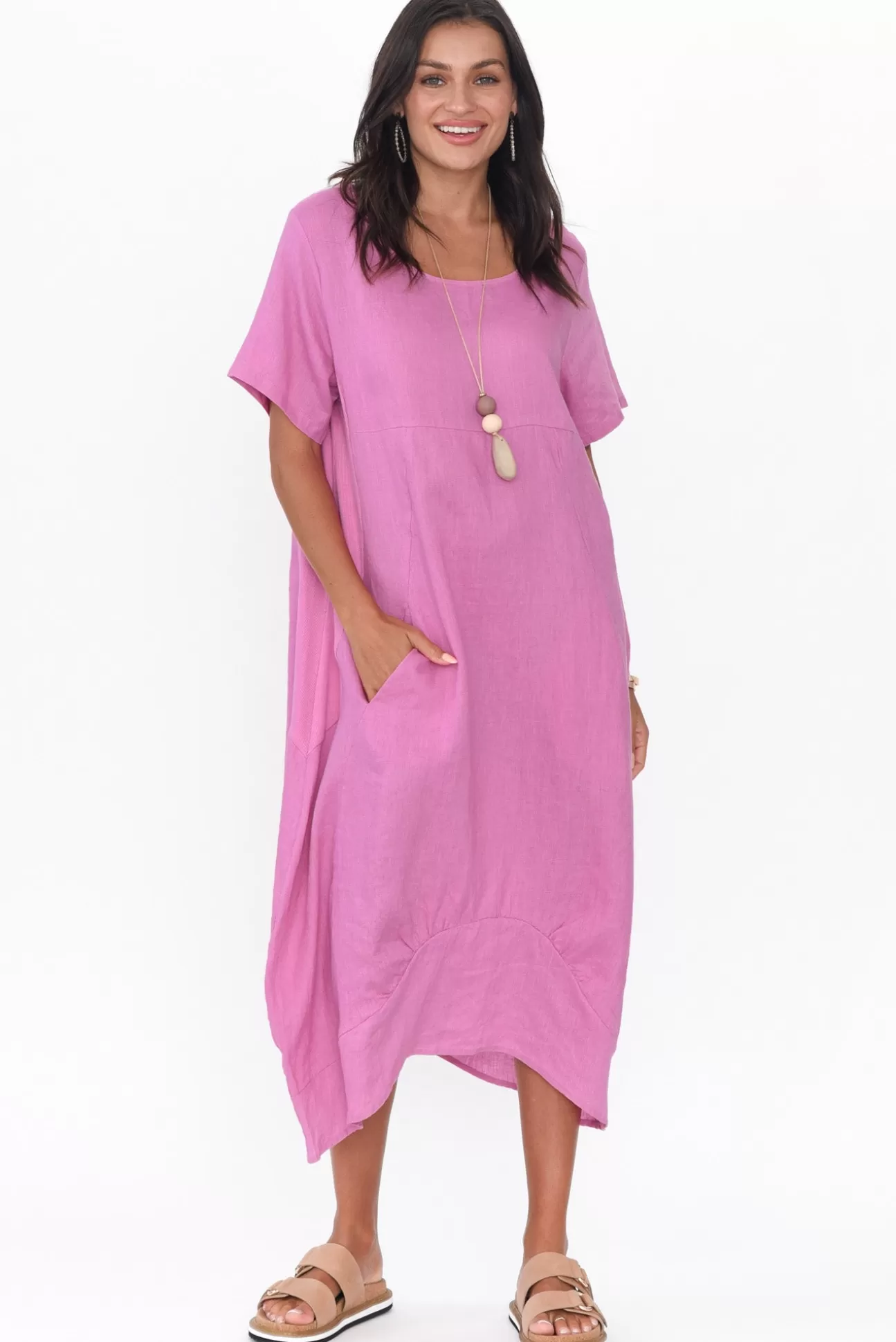 Cali and Co Kandace Pink Linen Pocket Dress Cheap