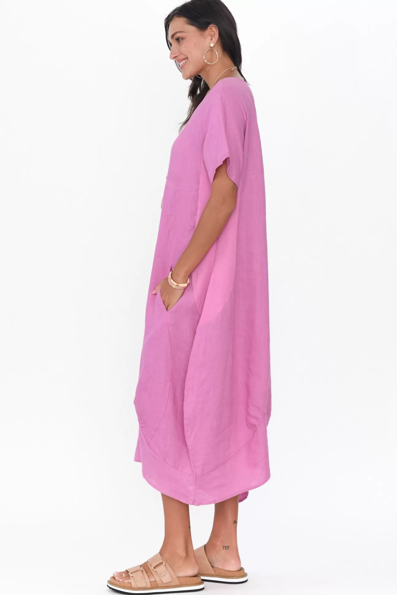 Cali and Co Kandace Pink Linen Pocket Dress Cheap