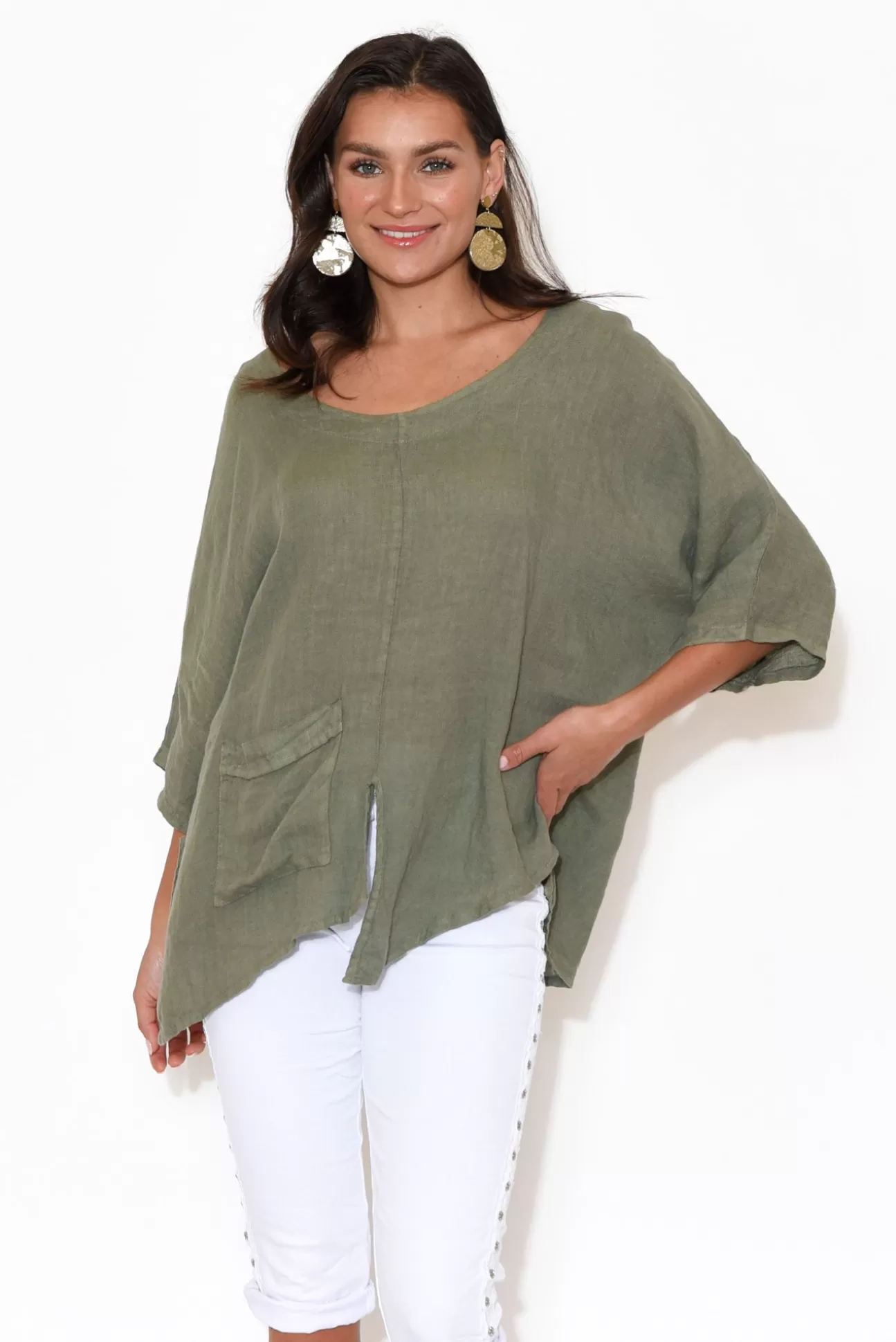 Talia Benson Kara Khaki Linen Top Best