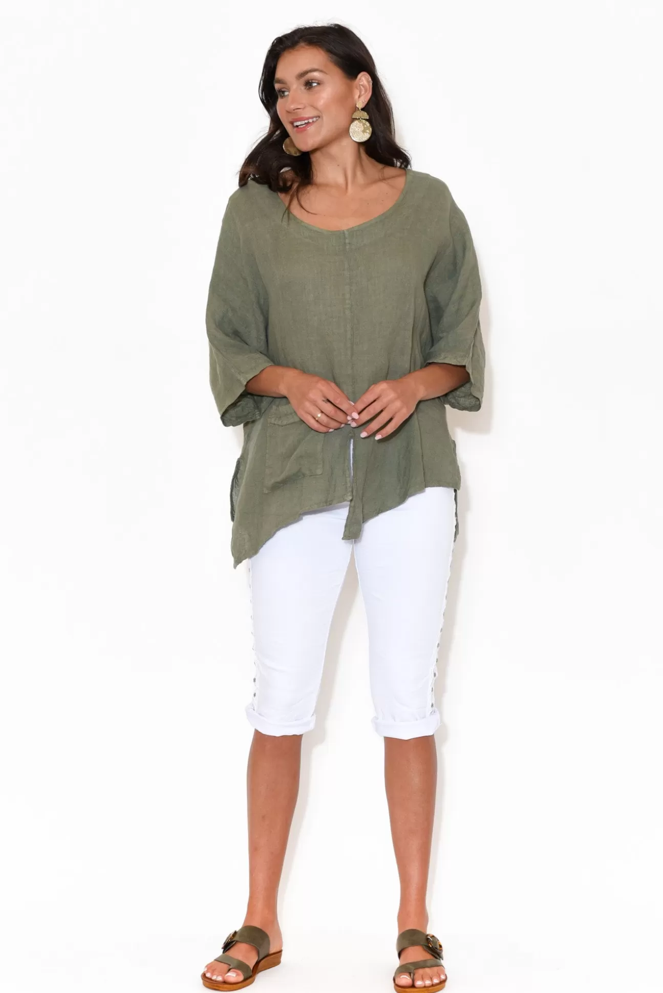 Talia Benson Kara Khaki Linen Top Best